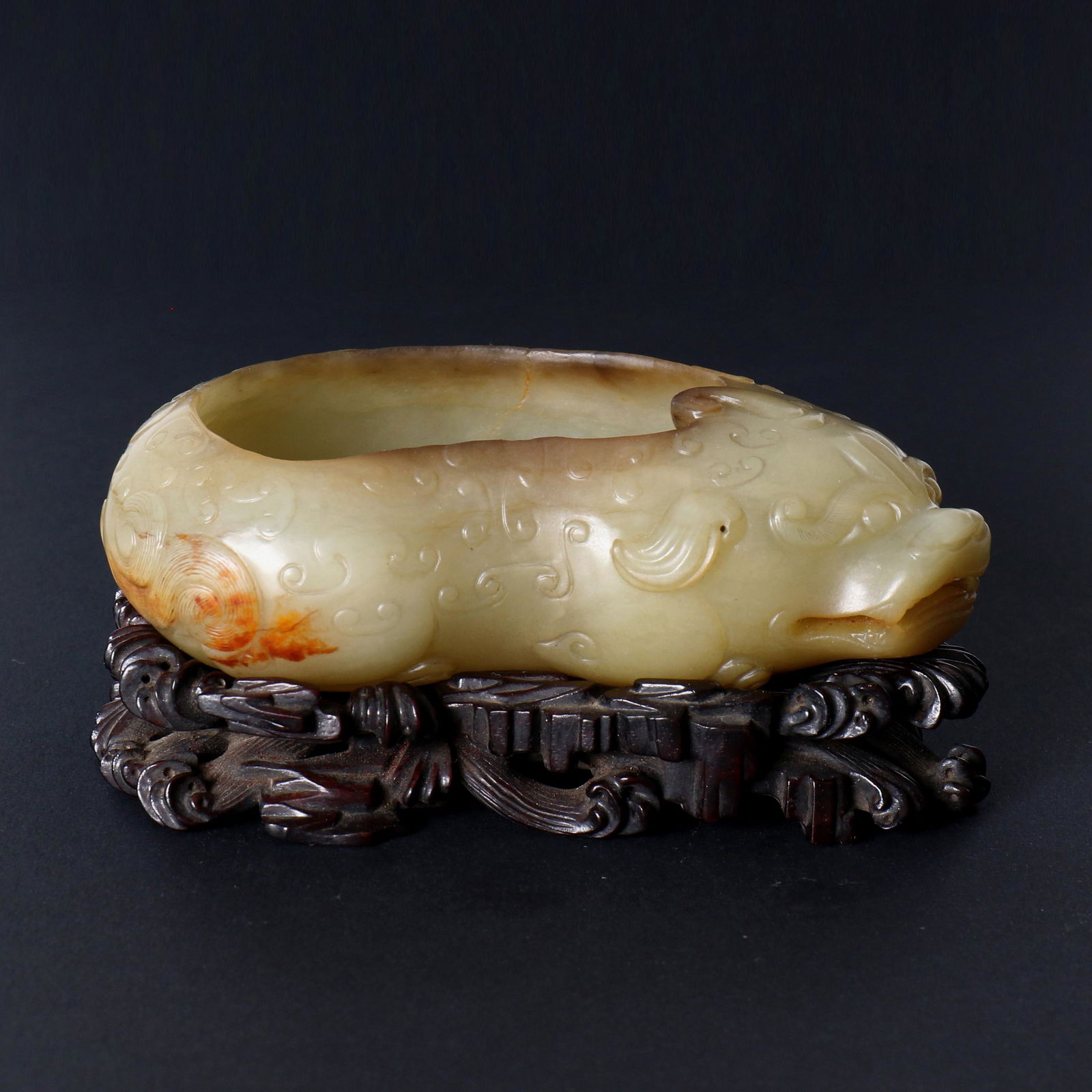 A Chinese Jade Carved Brush Washer With Zitan Hardwood Stand (1 of 9)