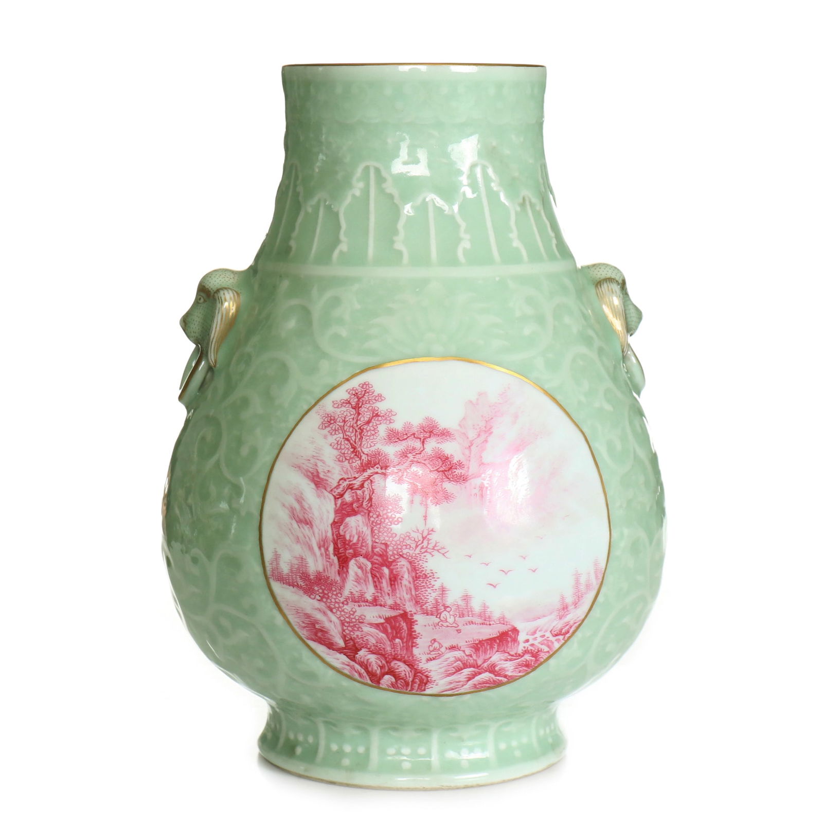 Chinese Celadon Glazed Famille-Rose Porcelain 'Zun' Vase: Height 22 cm.