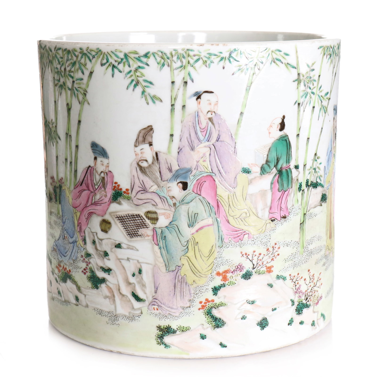 Chinese Famille-Rose Porcelain Brush Pot: Height 16.5 cm. Diameter 17 cm.