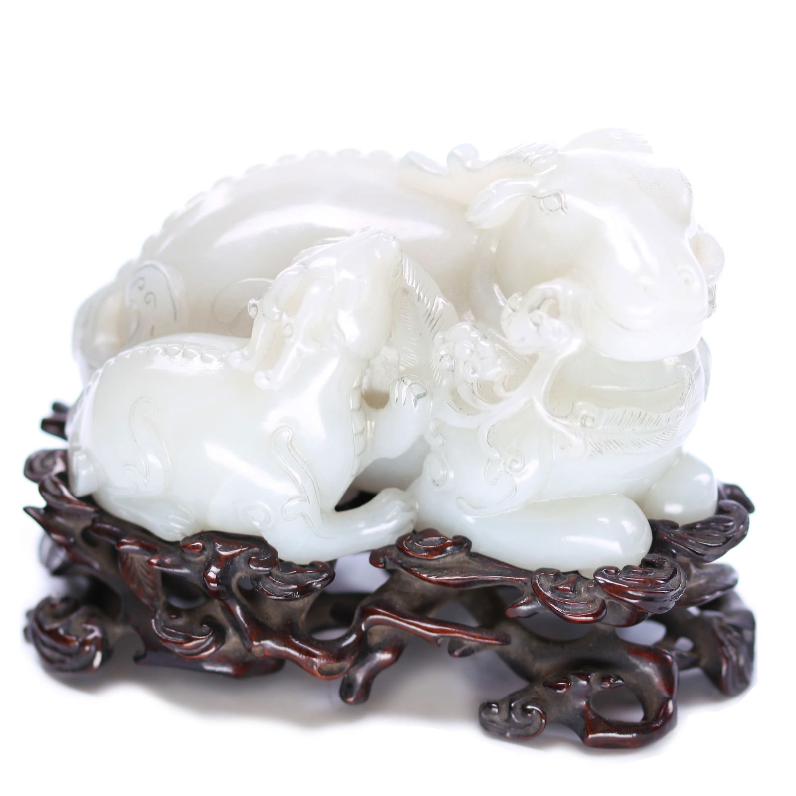 Chinese White Jade Carved Sheep Sculpture With Rosewood Stand (1 of 9)