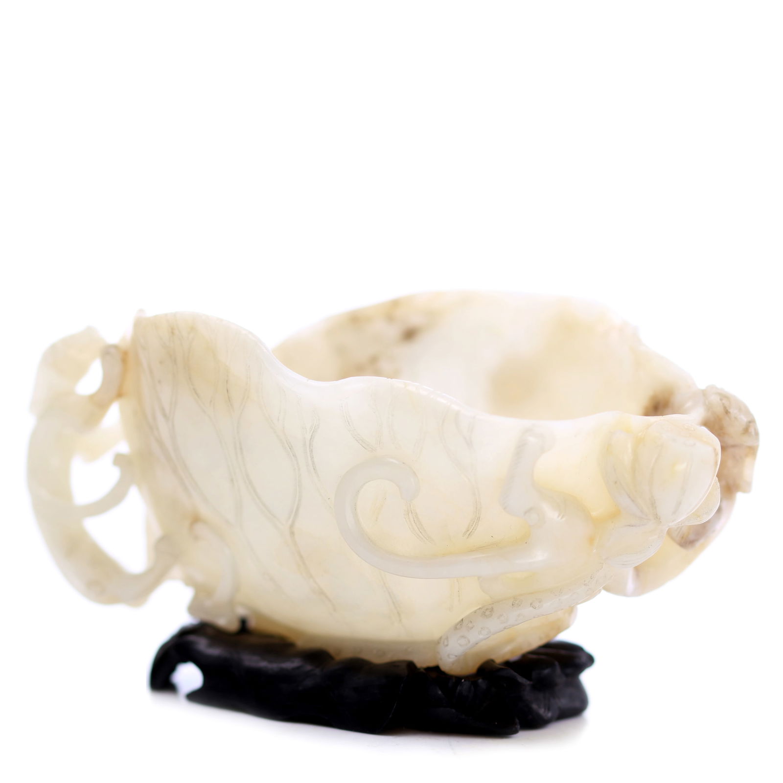Chinese Jade Carved Lotus Leaf Shaped Cup With Zitan Hard Wood Stand (1 of 10)