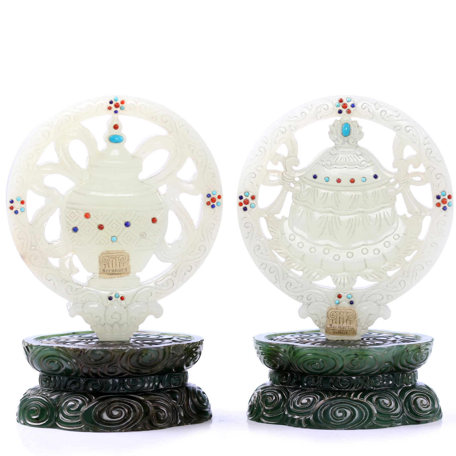 Two Chinese White Jade Ornaments With Buddhist Auspicious Symbols With Green Jade Carved Stand (1 of 8)