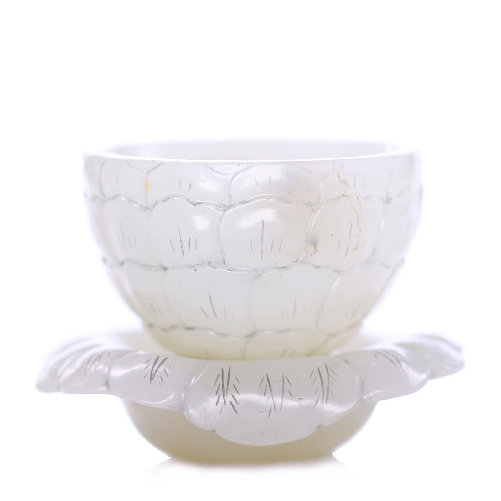 Chinese White Jade Carved Lotus Shaped Cup With Leaf Shaped Stand (1 of 10)