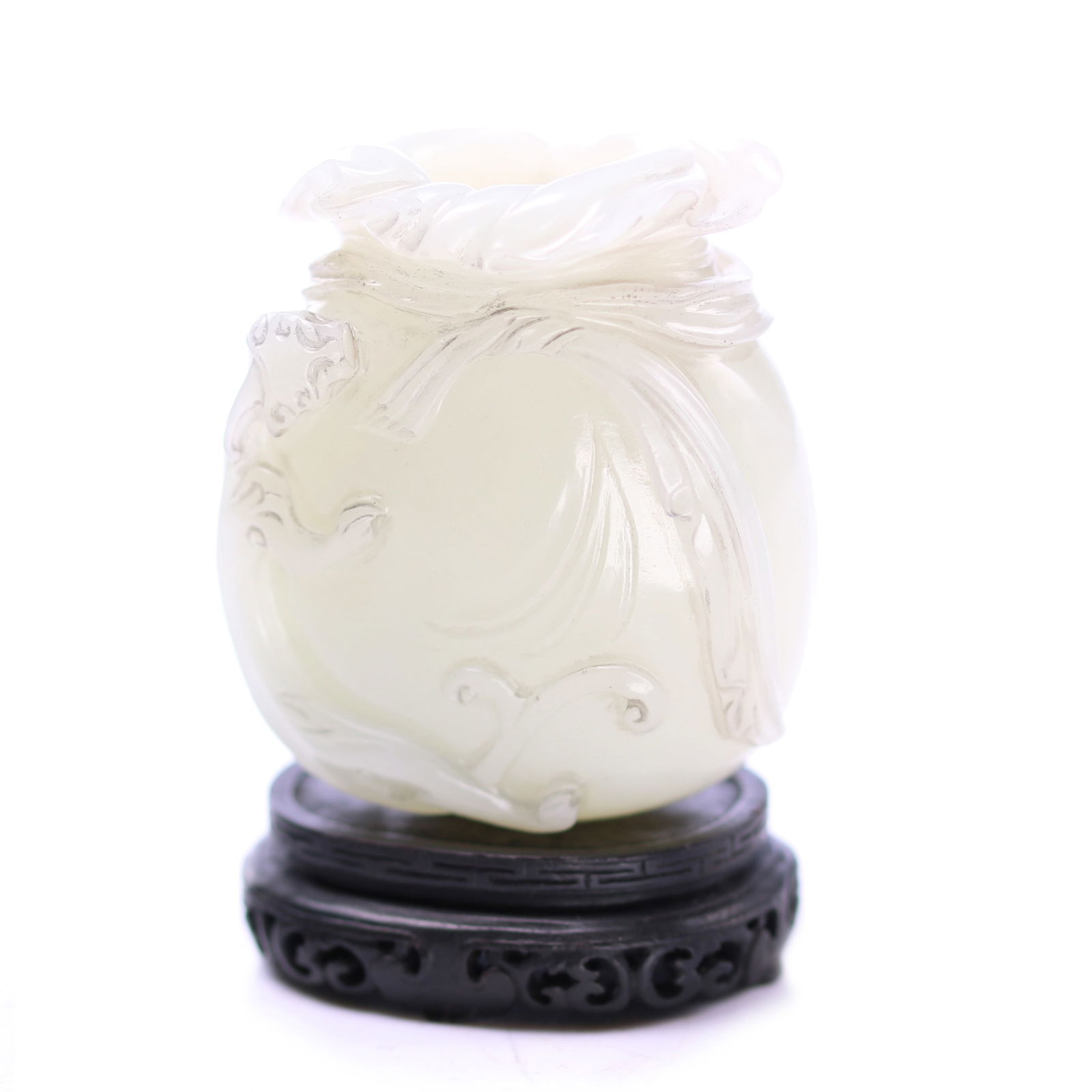 Chinese White Jade Carved Pocket Shaped Vase With Wood Stand (1 of 10)
