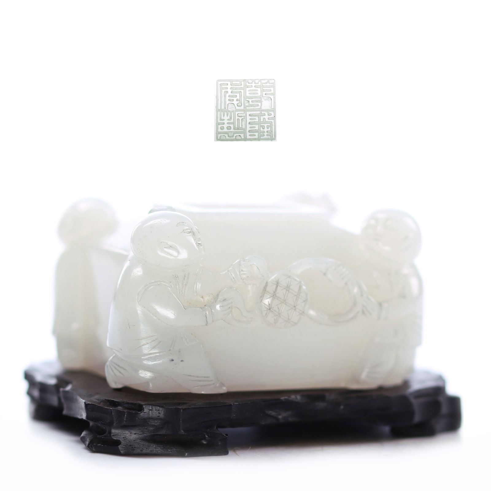 Chinese White Jade Carved Water Drop With Zitan Hard Wood Stand Decorated With Children Playing (1 of 10)