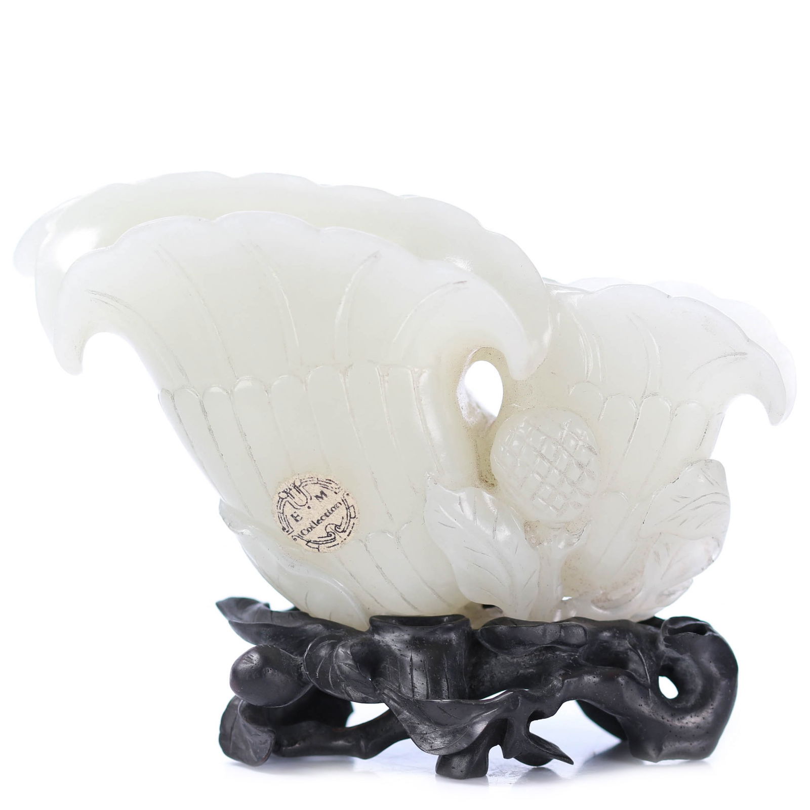 Chinese White Jade Carved Flower Deco With Zitan Hardwood Stand: 108 x 45 x 65,total height including stand 85 mm.