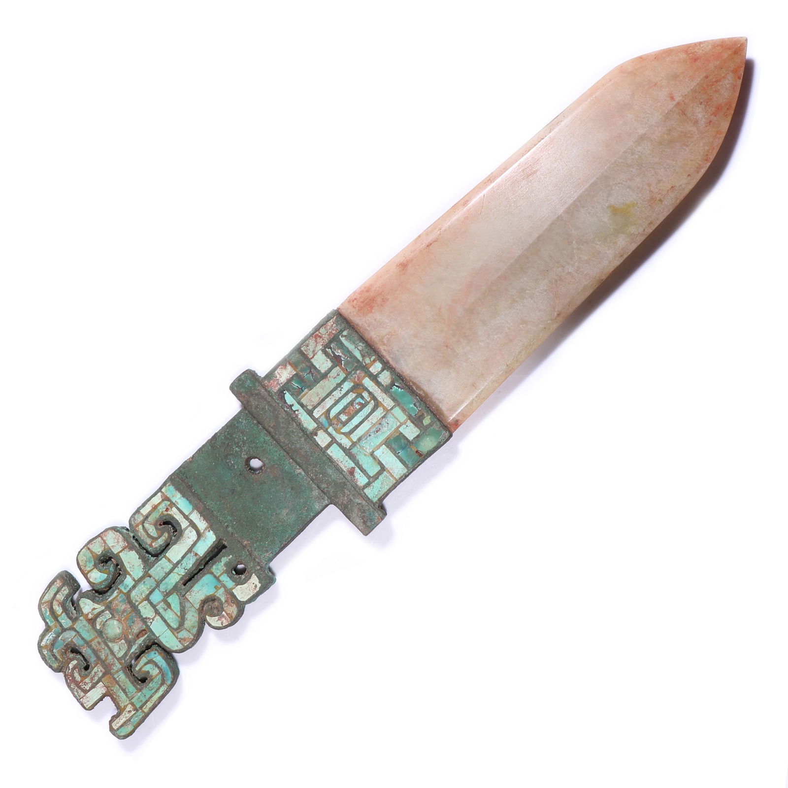 Chinese White Jade Knife With Bronze Handle Inlaid With Turquoise (1 of 9)