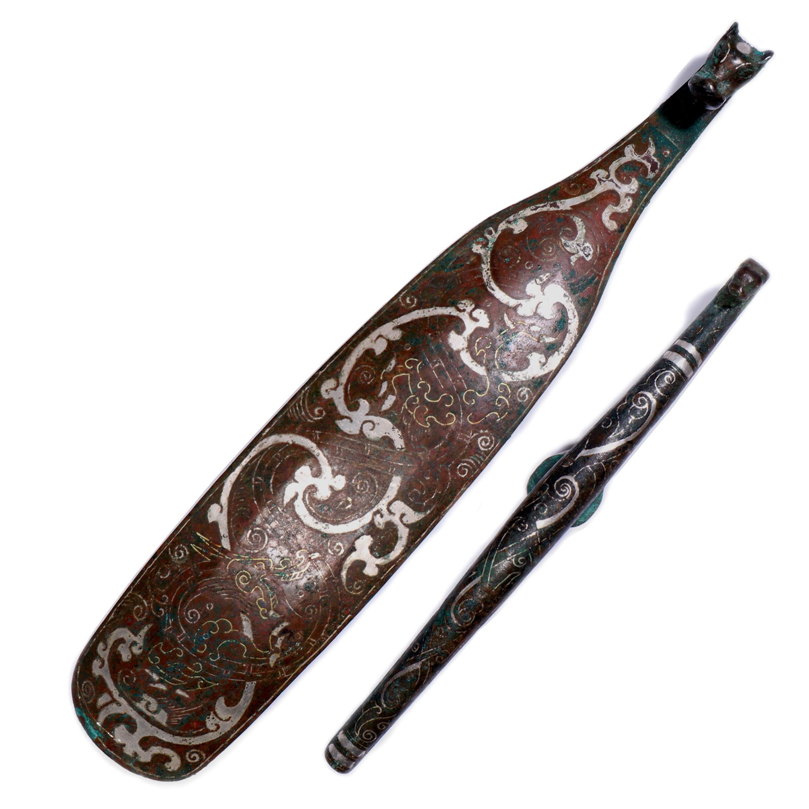 Chinese Bronze Belt Buckle Inlaid With Silver: Big One: L 22 cm, W 4.3 cm Small One: L 15 cm.