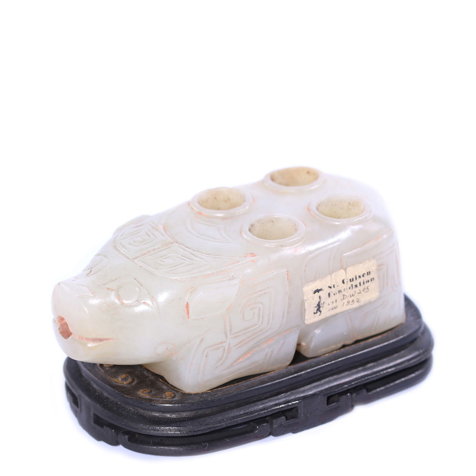 Chinese White Jade Carved Mythical Beast Figure With Zitan Hardwood Stand: 85 x 41 x 30 mm, 45 mm including stand.