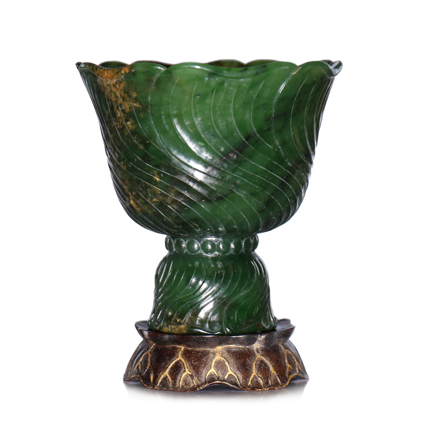 Chinese Jade Carved Lotus-Sytle Wine Cup With Zitan Hardwood Stand (1 of 13)