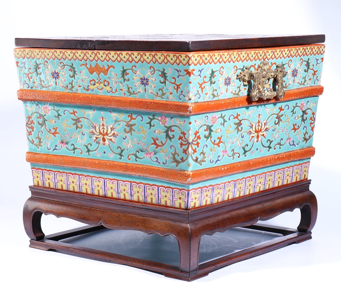 Chinese Famille-Rose Porcelain Frige With Rosewood Cover And Stand (1 of 12)