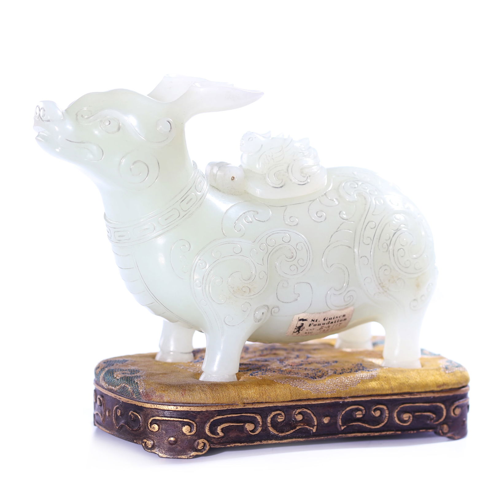 Chinese White Jade Carved Mythical Beast Figure Water Drop With Zitan Hardwood Stand (1 of 12)