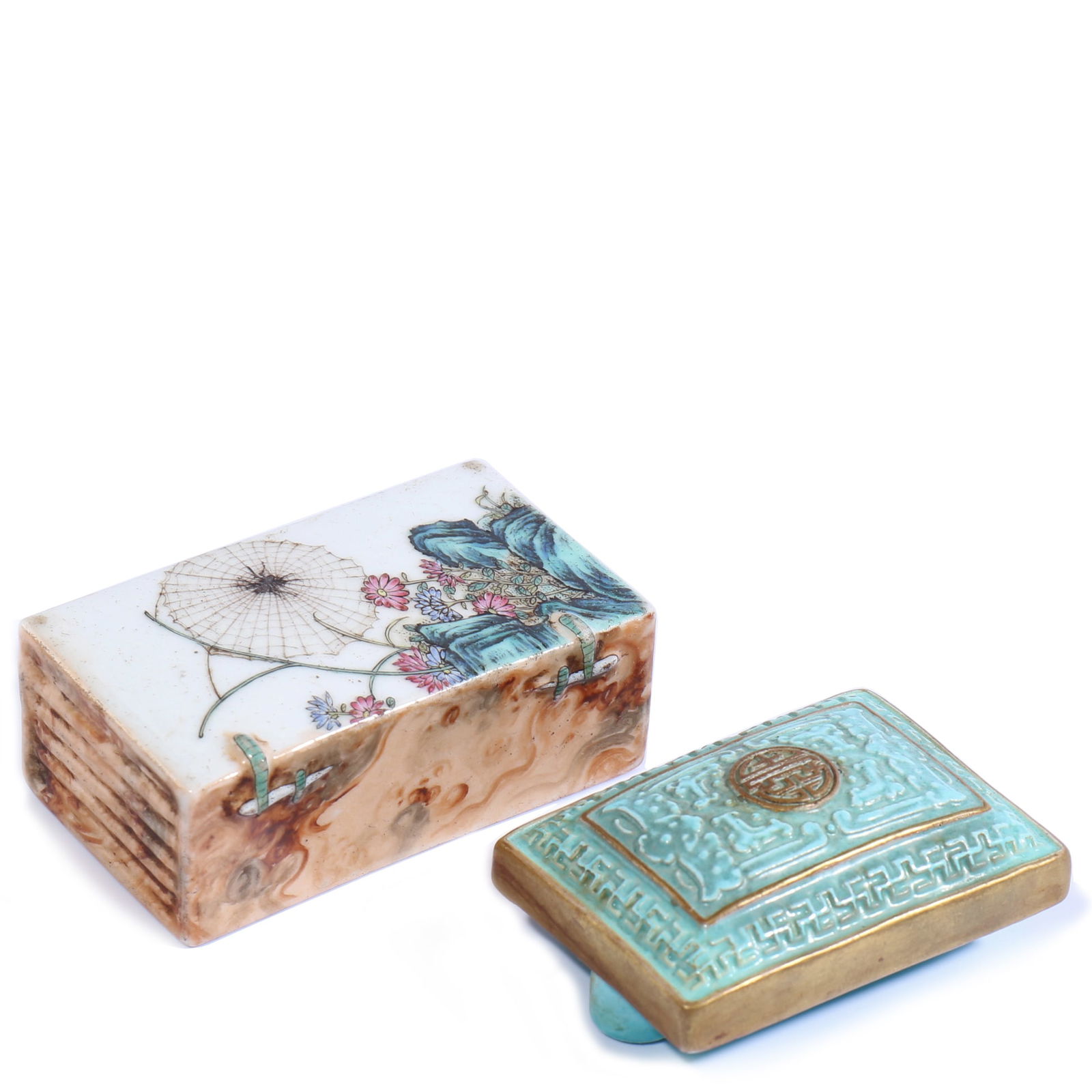 Chinese Famille-Rose Porcelain Stationery Accessories: Ink Set 7 x 4 x 3 cm, Belt Buckle 6 x 4 x 3 cm.