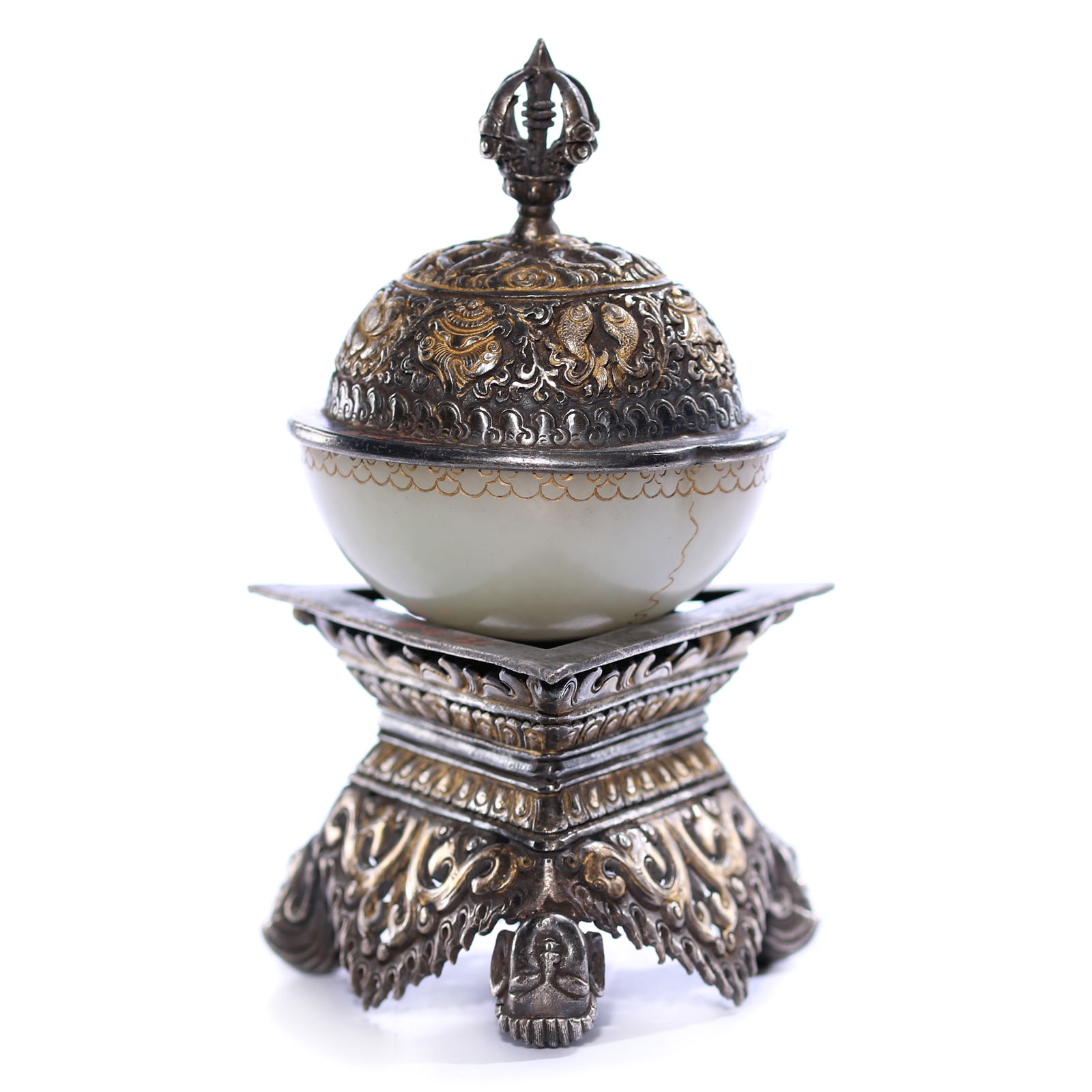 Tibet White Jade Carved Box With Cover And Stand: 62 x 61 x 28 mm, H 128 mm including stand and cover.