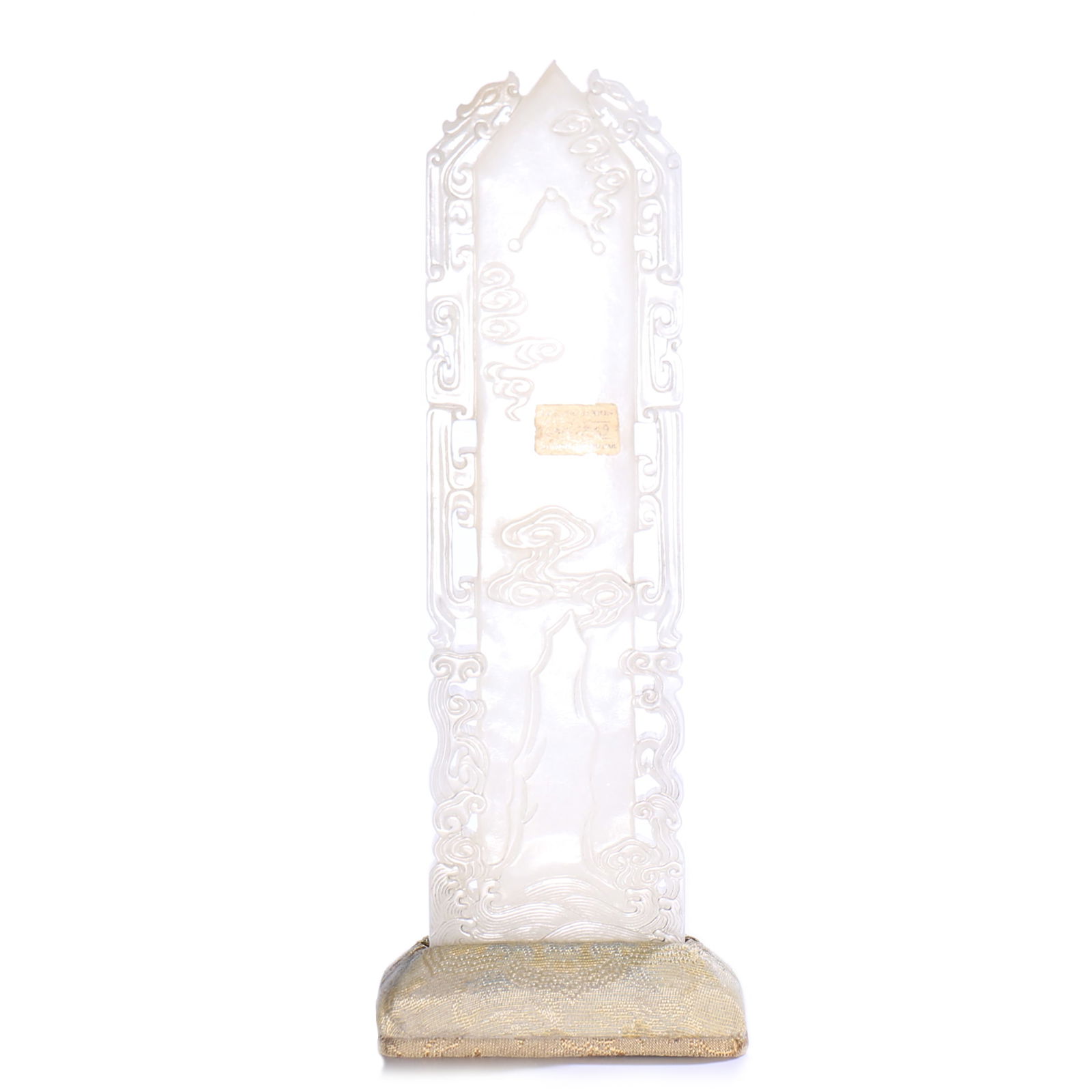 Chinese White Jade Carved Plaque With Stand: W 45 mm, H 161 mm, 171 mm including stand.