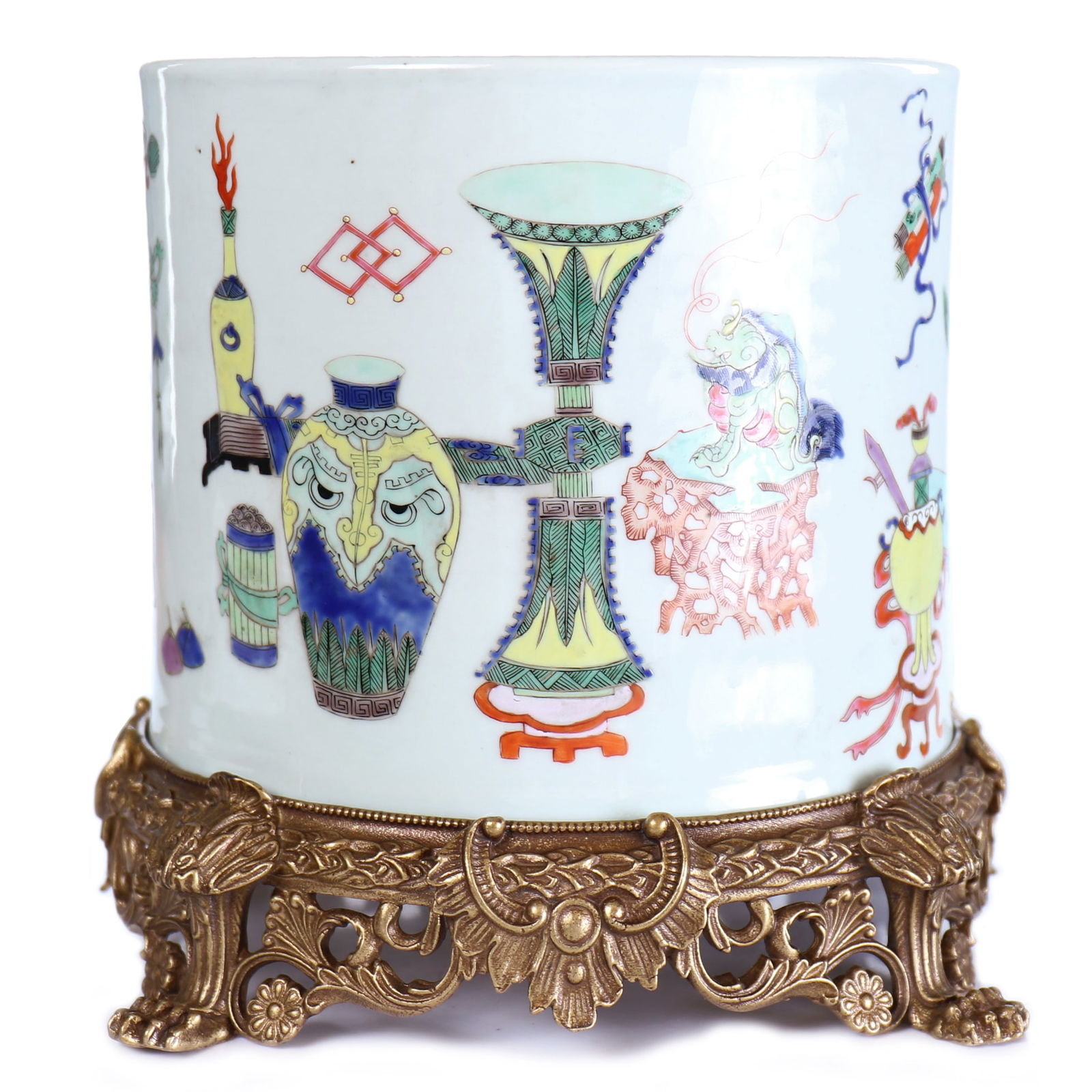 Chinese 'Wucai' Porcelain Brush Pot With Stand (1 of 9)