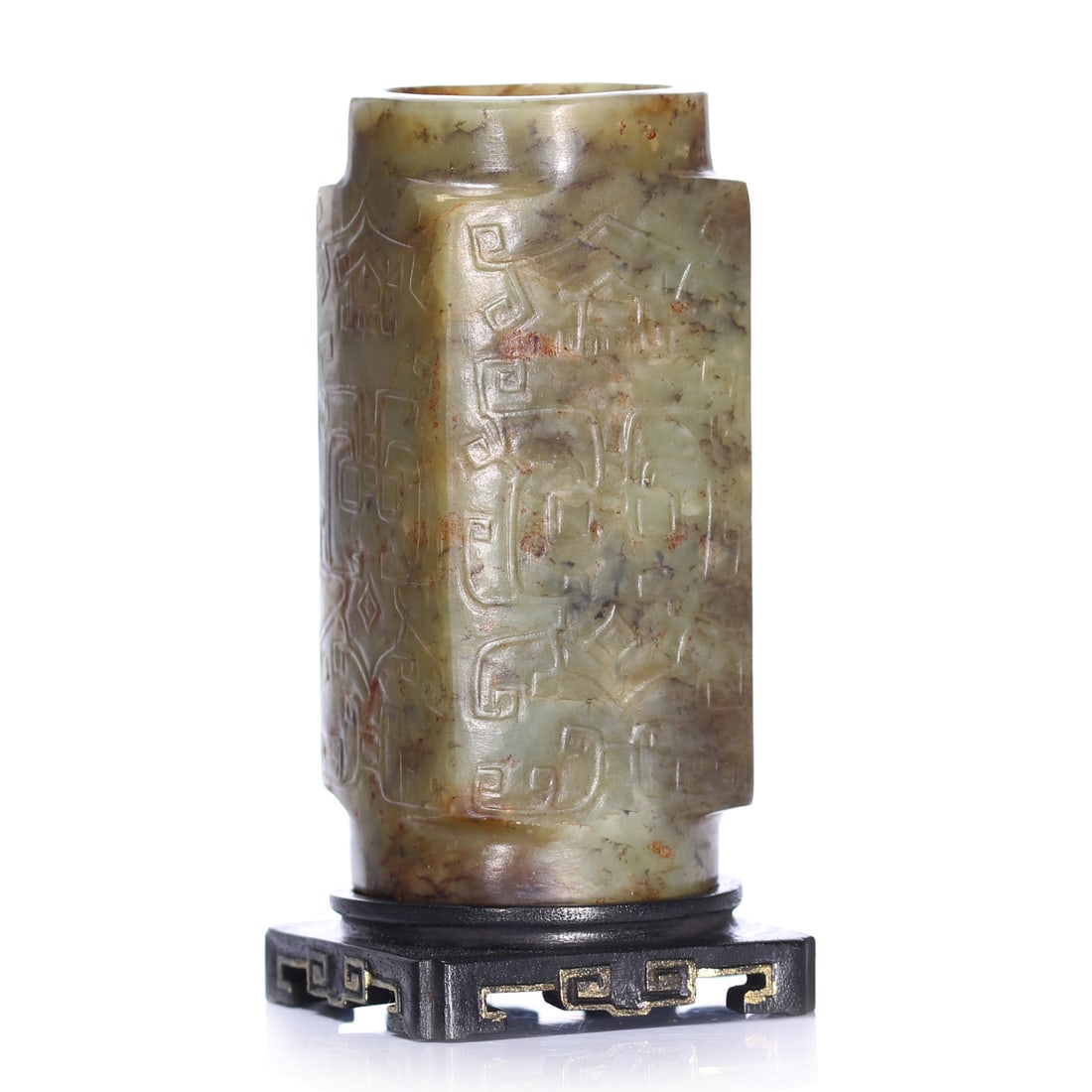 A Chinese Jade Carved 'Cong' Ornament Figure With Stand: 9 x 4 x 4 cm, height including accessories 10.5 cm.