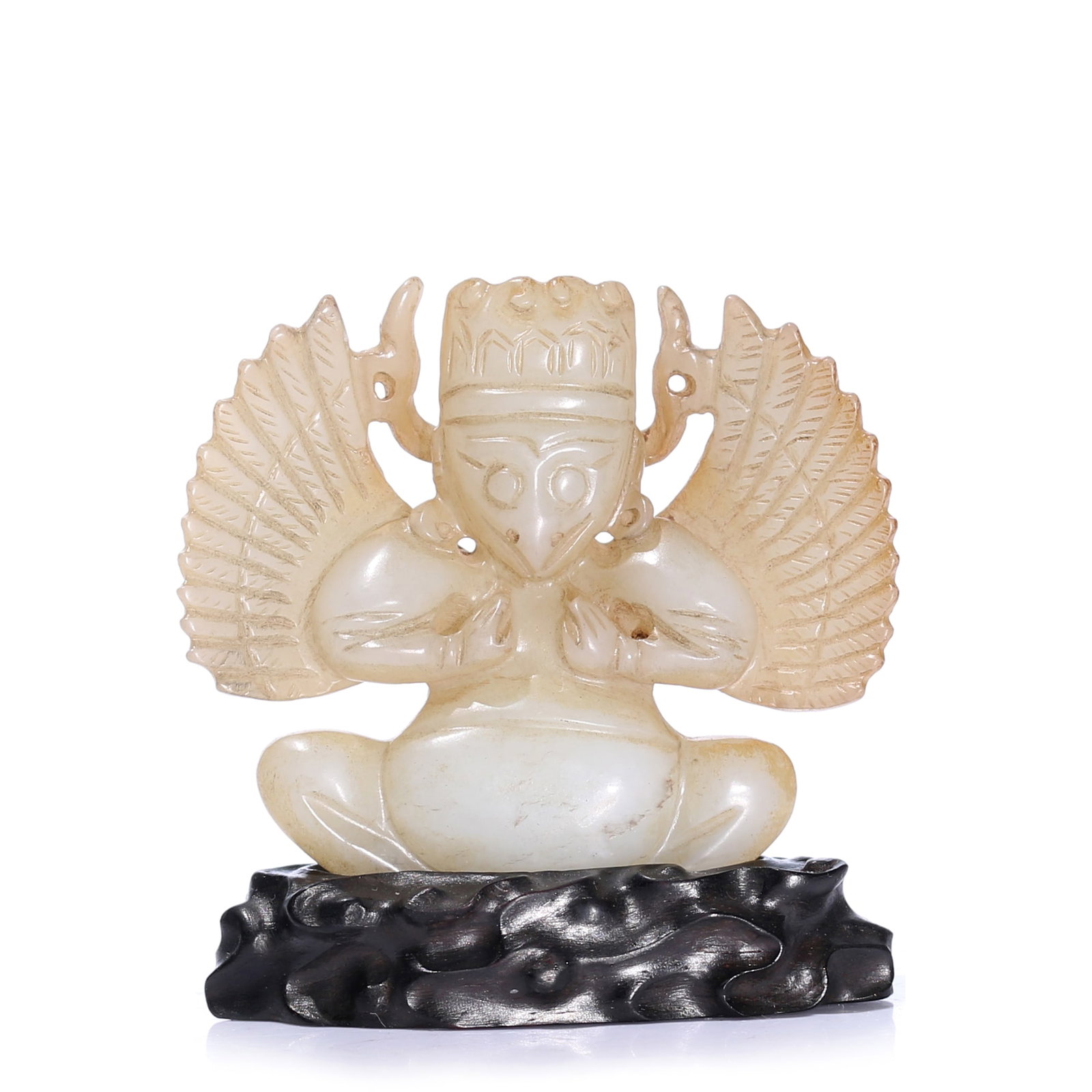 A Chinese White Jade Carved Mythical Beast Figure With Stand: 55 x 50 mm, height including accessories 56 mm.
