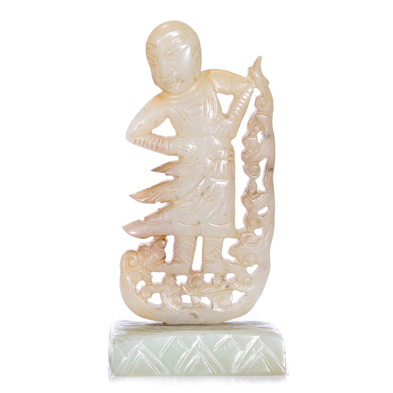 A Chinese White Jade Carved Buddha Figure Statue With Stand: 9.5 x 5 x 5 cm.