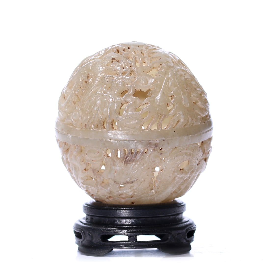 A Chinese White Jade Carved Aromatherapy Ball With Stand: D 5.7 cm, height including accessories 7 cm.