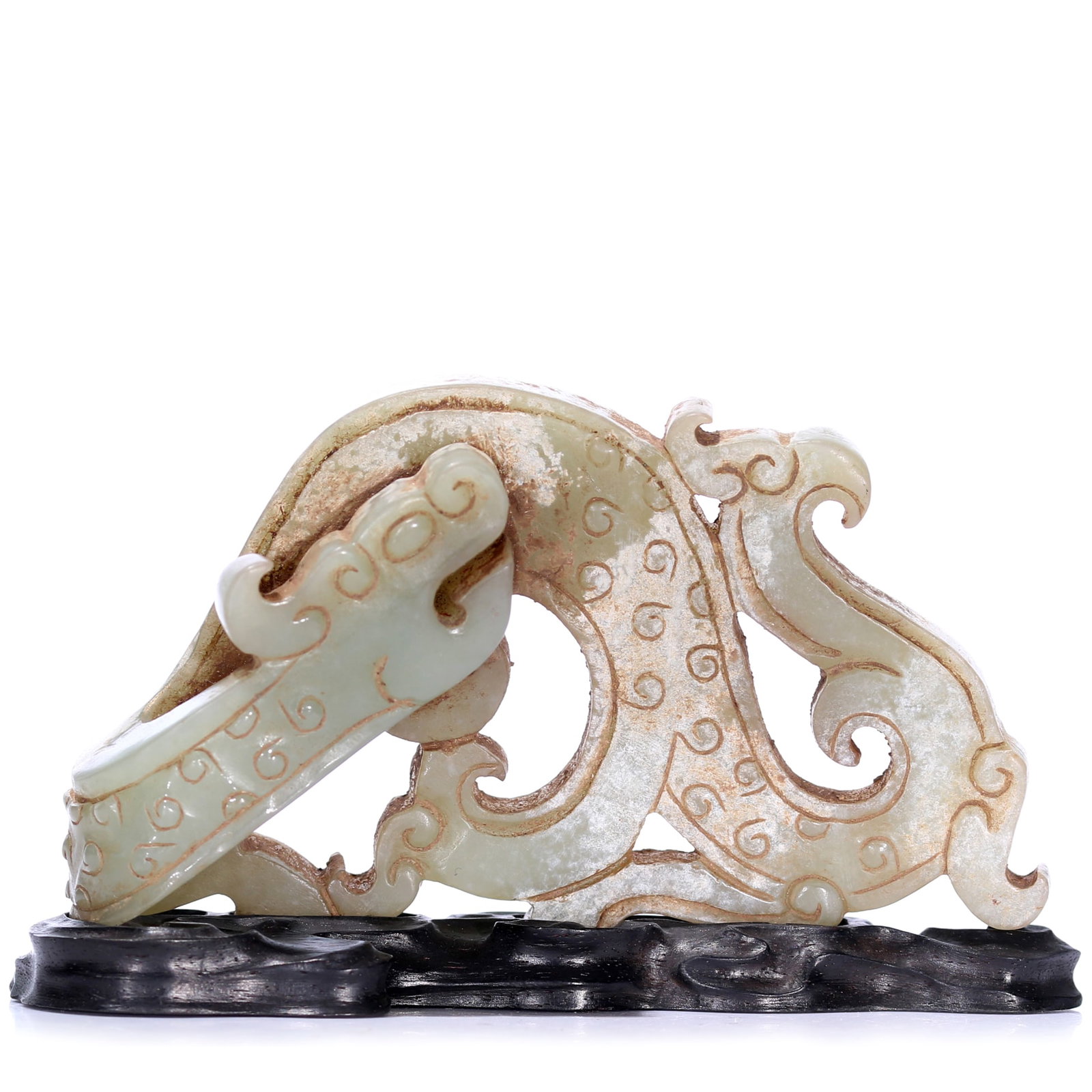 A Chinese Jade Carved Dragon Statue Ornament With Stand: 9 x 5 cm, height including accessories 5.7 cm.