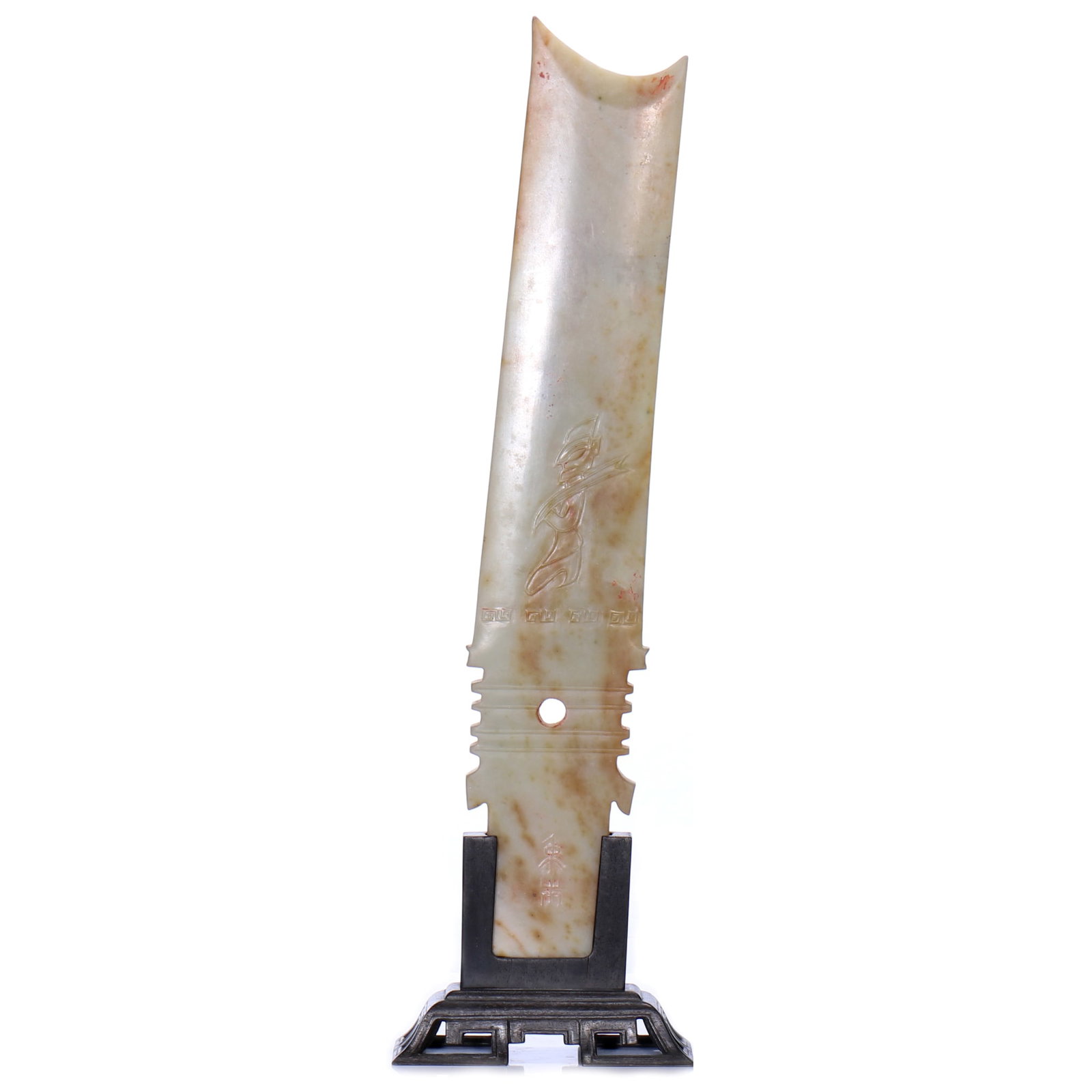 A Chinese Jade Carved Plaque With Hardwood Stand: H 33 cm, height including accessories 36.5 cm.