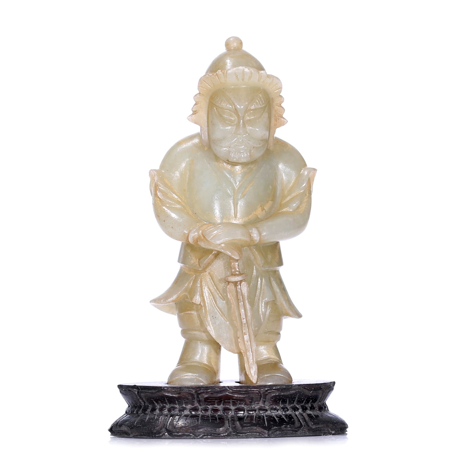 A Chinese Jade Carved Samurai Figure Statue With Stand: H 68 mm, height including accessories 77 mm.