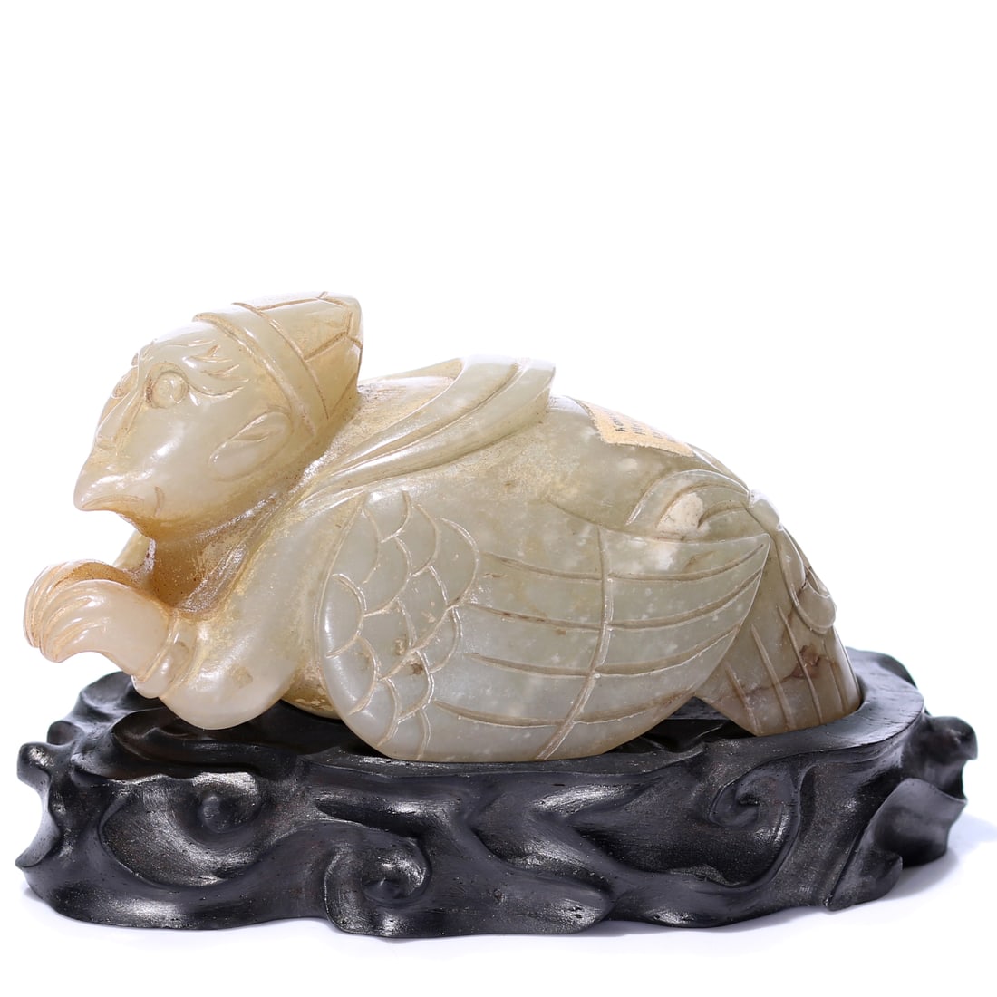A Chinese White Jade Carved Immortal Sculpture With Stand: 74 x 35 x 36 mm, height including accessories 52 mm.