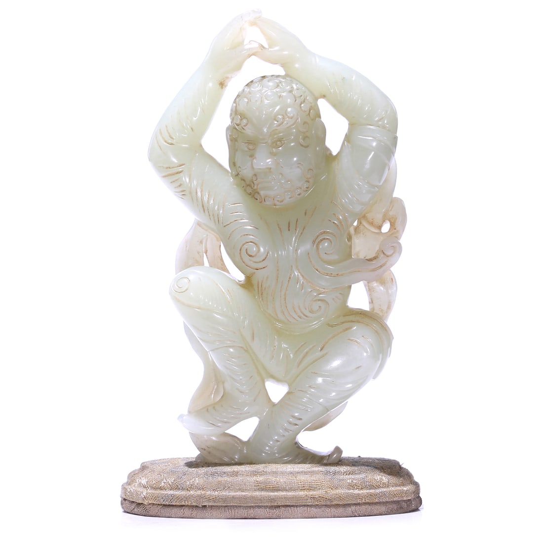 A Chinese White Jade Carved Buddha Figure Statue With Stand: H 13 cm, height including accessories 14 cm.