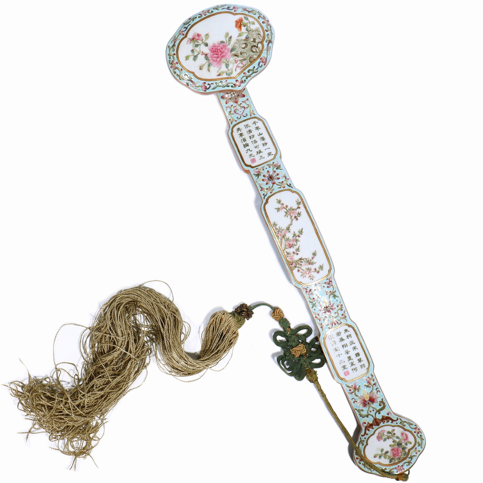 A Chinese Famille-Rose Porcelain Ru Yi With Silk Tassel: Ruyi length 36 cm, total length including tassel length 50 cm.