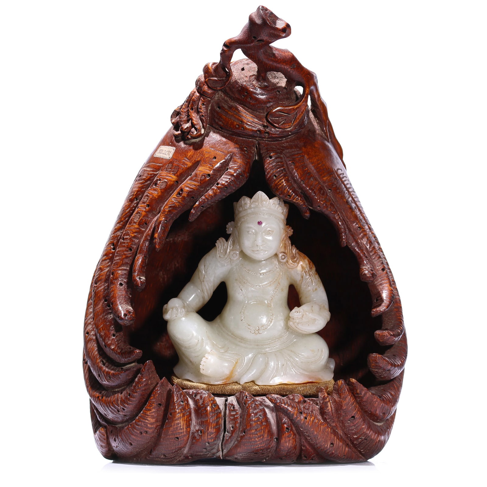 A Chinese White Jade Carved Buddha Figure Statue With Bamboo Pouch: Boddha 9 x 8 x 4.3 cm. Bamboo pouch 22 x 15.5 x 14.5 cm.