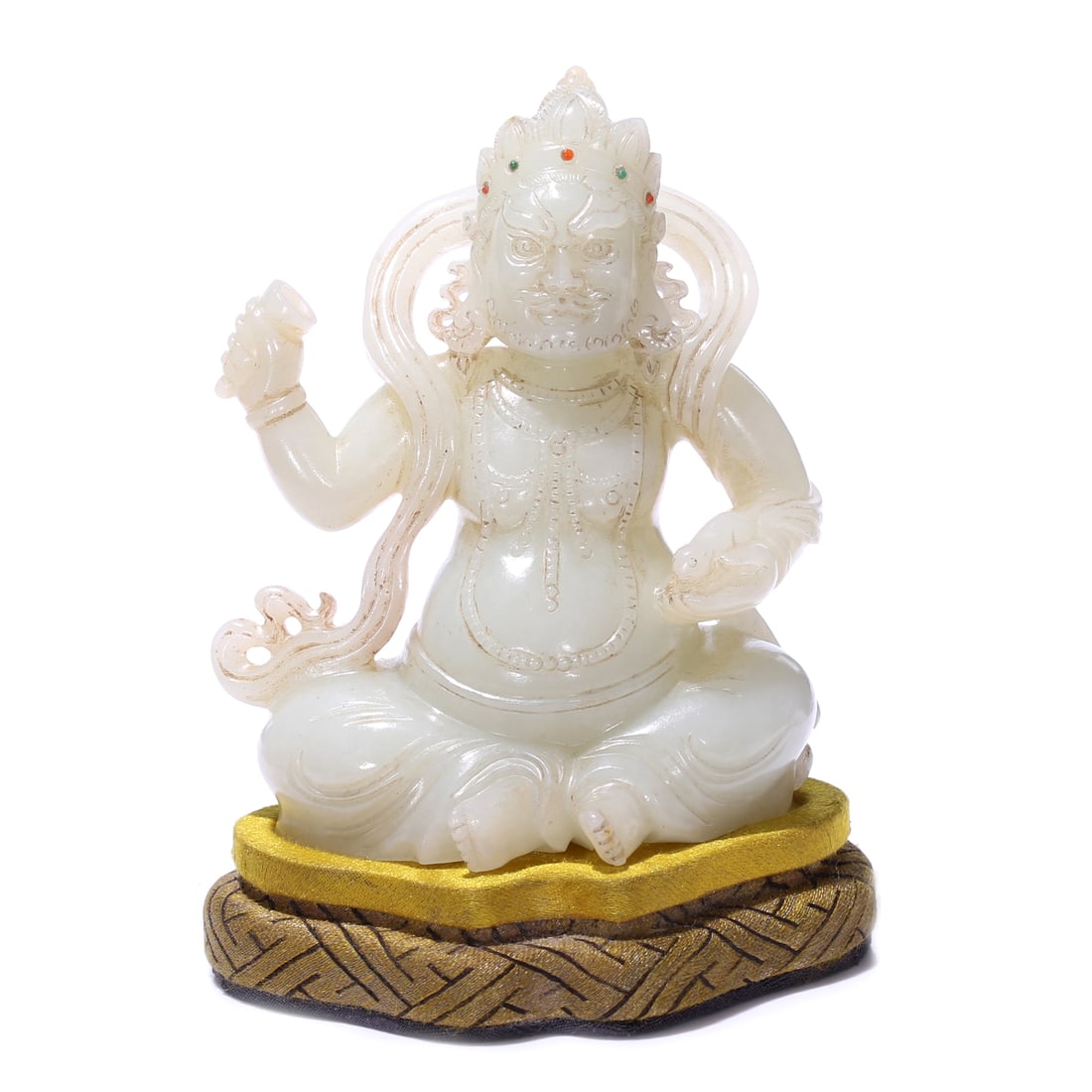 A Chinese White Jade Carved Buddha Figure Statue With Stand: 8.5 x 5.2 x 10 cm, height including accessories 12.5 cm.