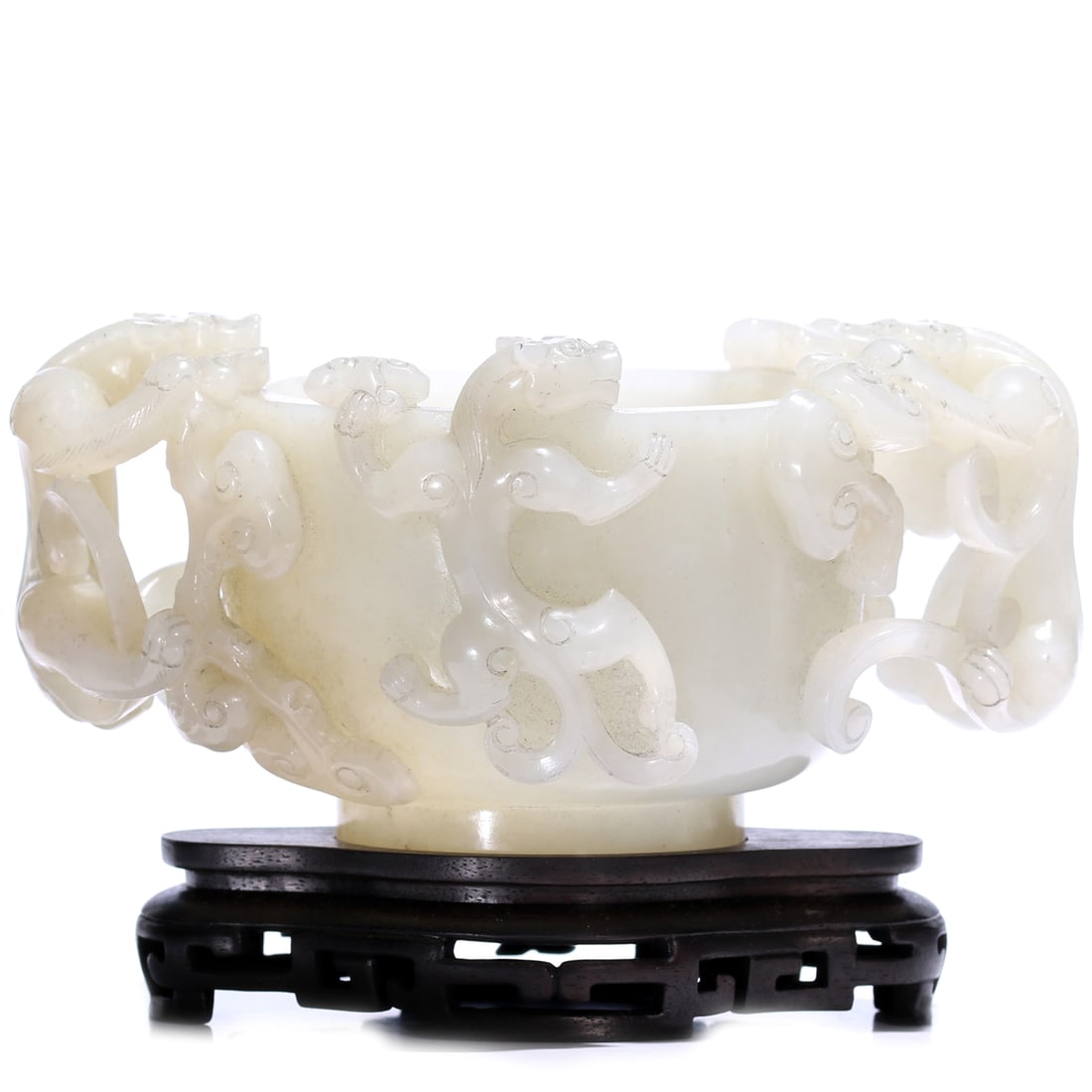 A Chinese White Jade Carved Brush Washer With Stand: 14 x 9 x 7 cm, height including accessories 9 cm.