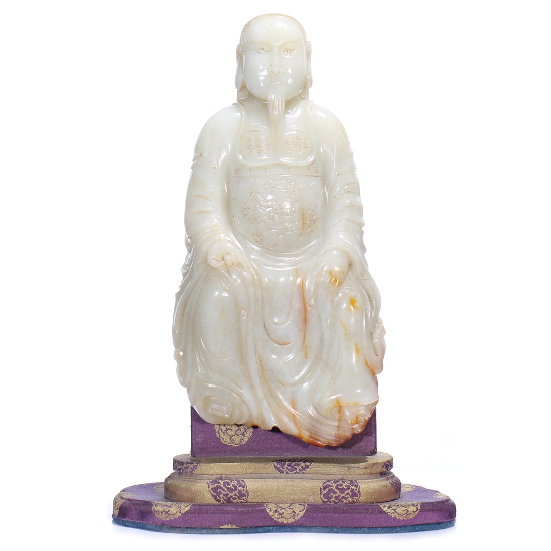 A Chinese White Jade Carved Buddha Figure Statue With Stand: H 22 cm, height including accessories 25.5 cm.