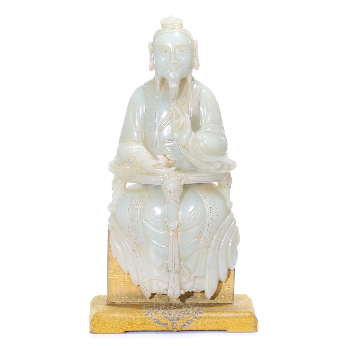 A Chinese White Jade Carved Buddha Figure Statue With Stand: H 19 cm, height including accessories 20.5 cm.
