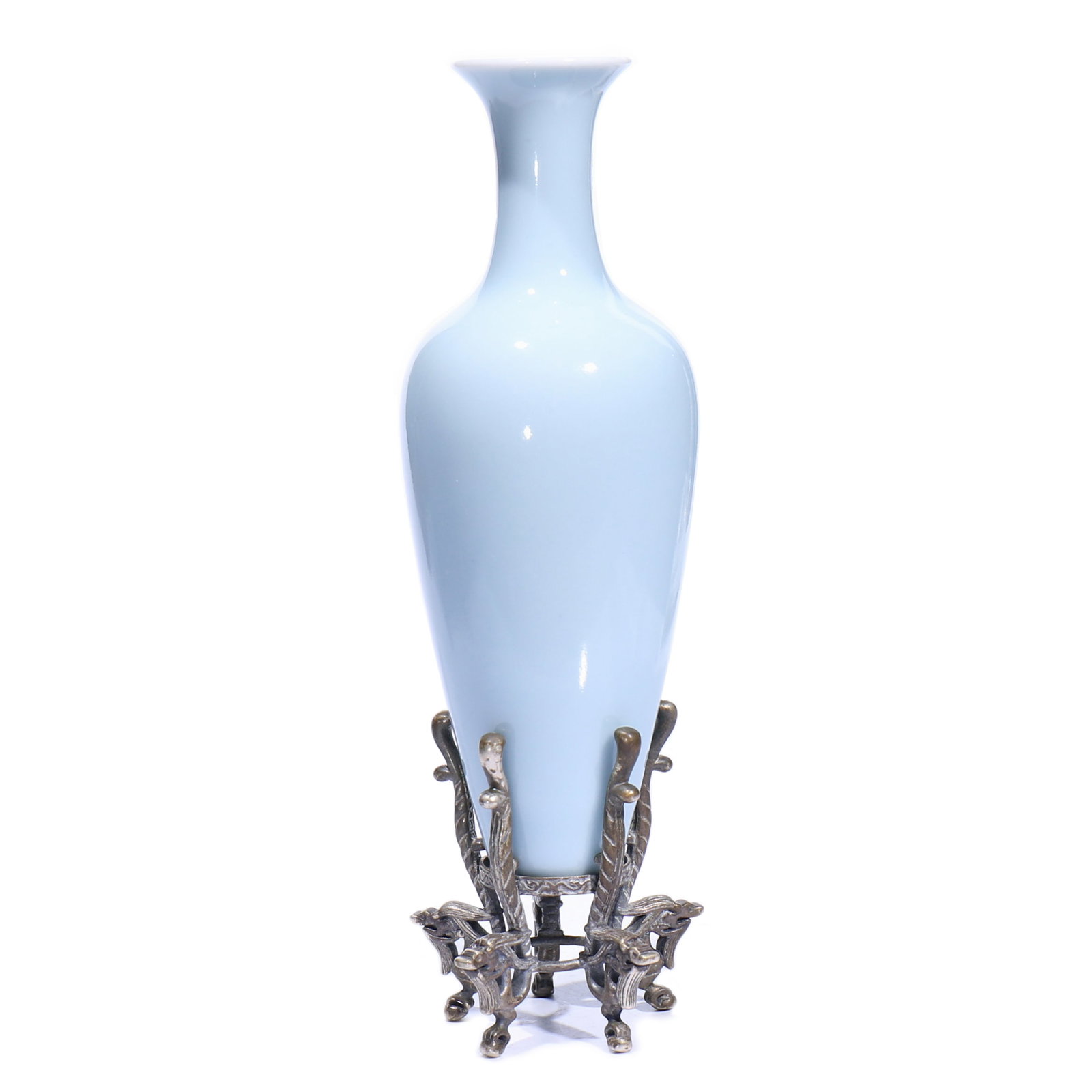 A Chinese Light Blue Glazed Porcelain Vase With Silver Stand: H 15 cm, height including accessories 18 cm.