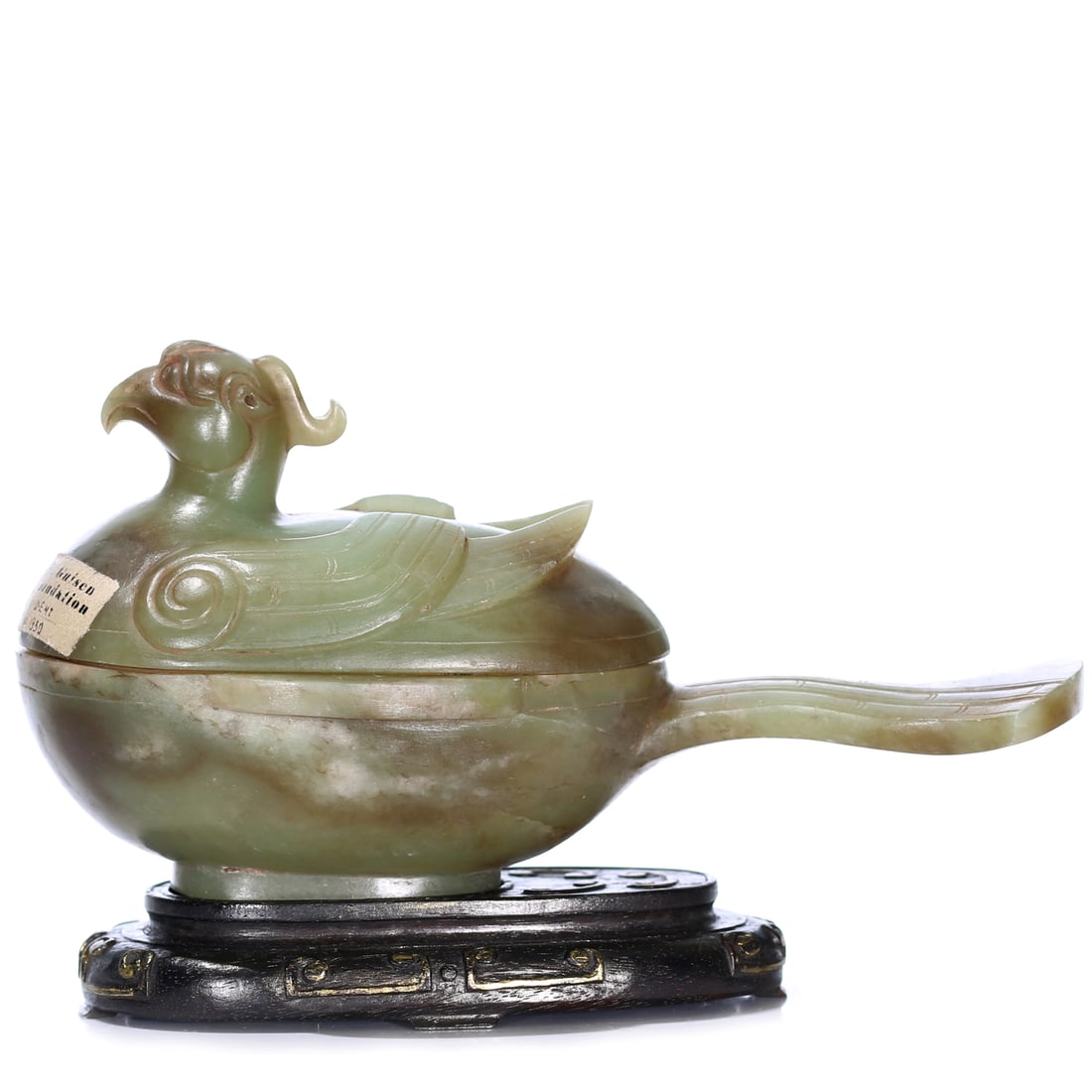 A Chinese Jade Carved Phoenix-Shaped Lid Box With Stand: 12.7 x 6.4 x 6.5 cm, height including accessories 8 cm.