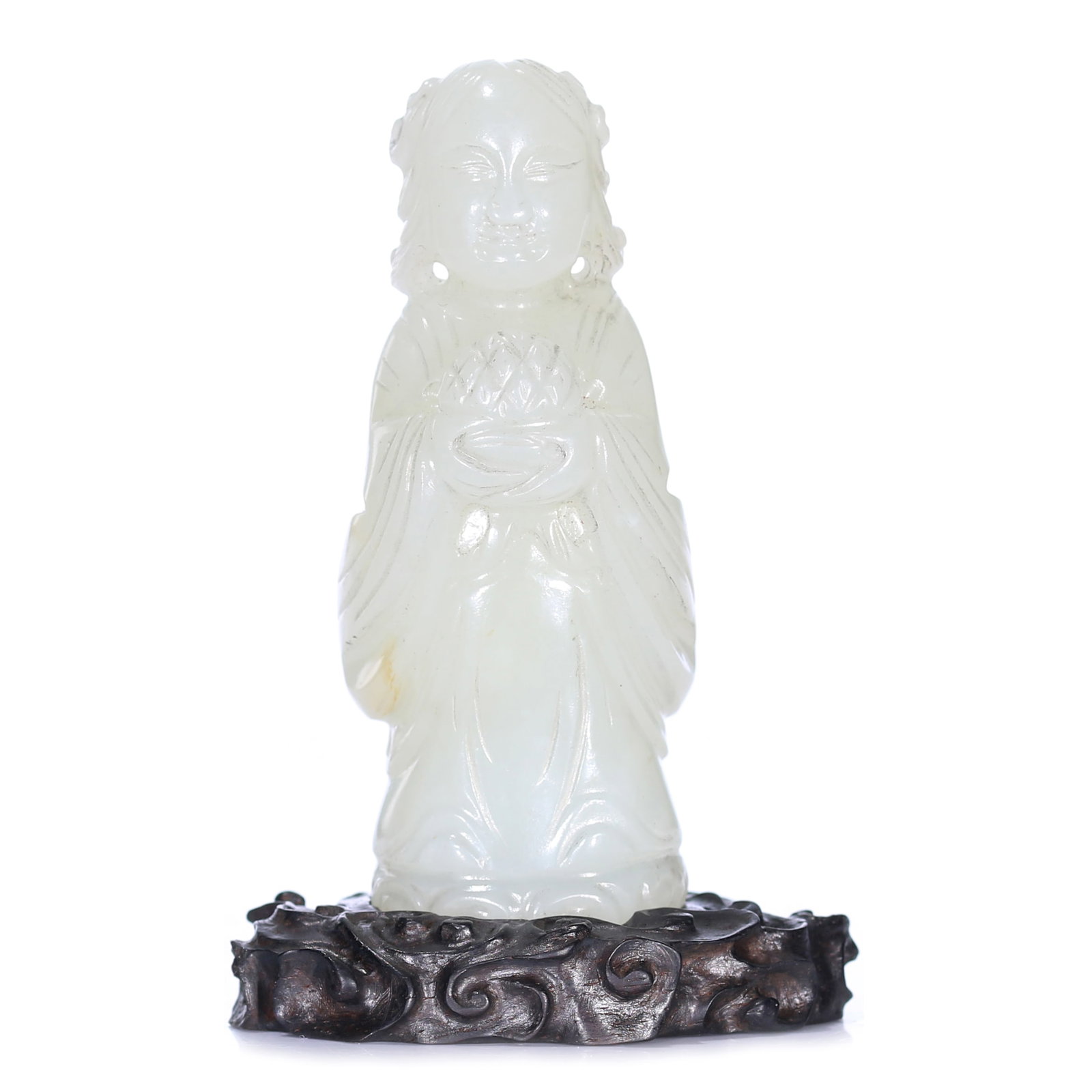 A Chinese White Jade Carved Figure Statue With Stand: 67 x 28 x 20 mm, height including accessories 74 mm.