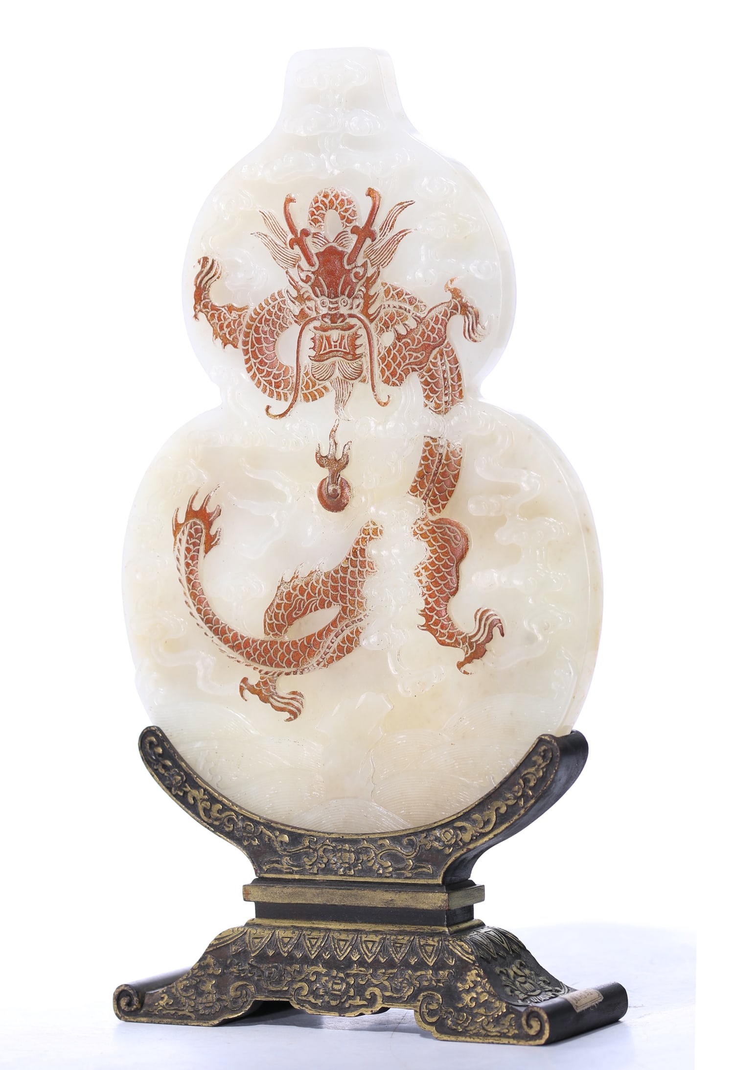 A Pair Of Chinese Cleverly Colored White Jade Carved Double Gourd Ornament With Stand - 5