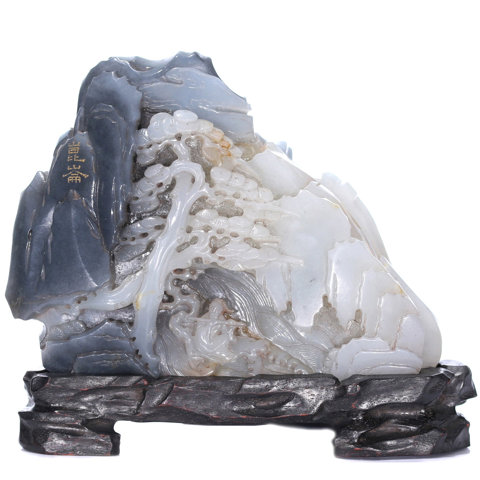 A Chinese Qinghua Jade Carved Mountain Ornament With Stand: 11.5 x 5 x 8.5 cm, height including accessories 10.5 cm.