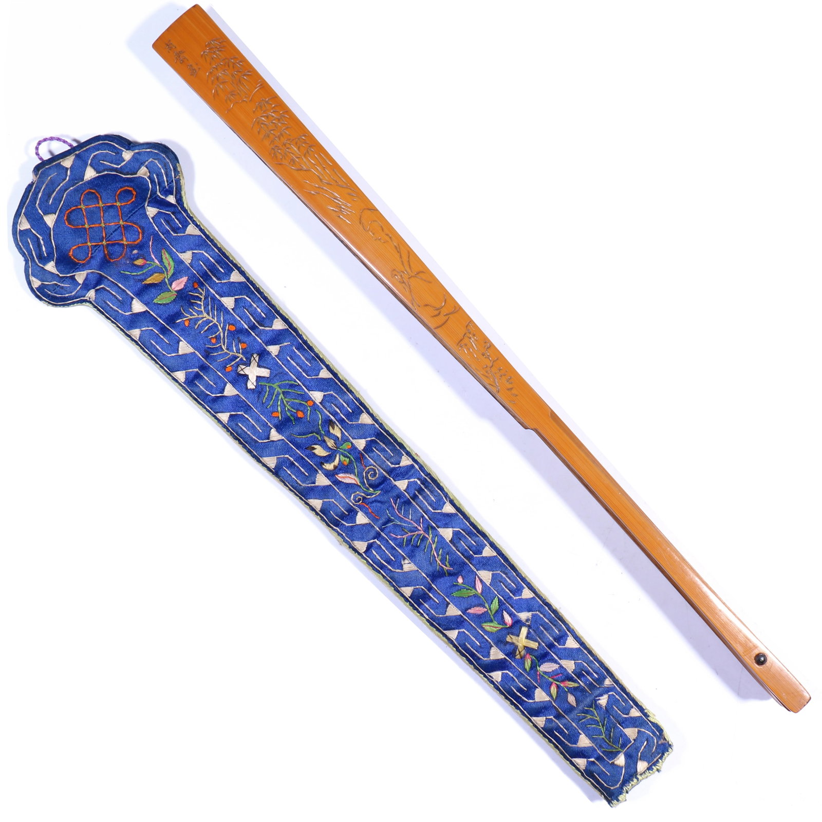 A Chinese Bamboo Fan With Silk Embroidered Case: L 30.5 cm
