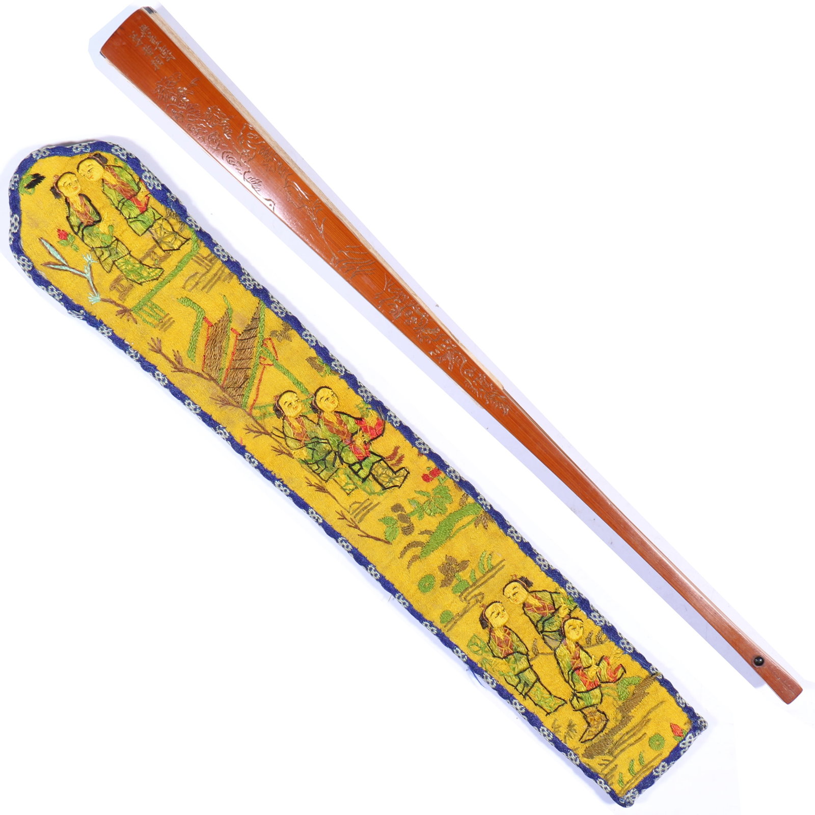 A Chinese Bamboo Fan With Silk Embroidered Case: L 32.5 cm