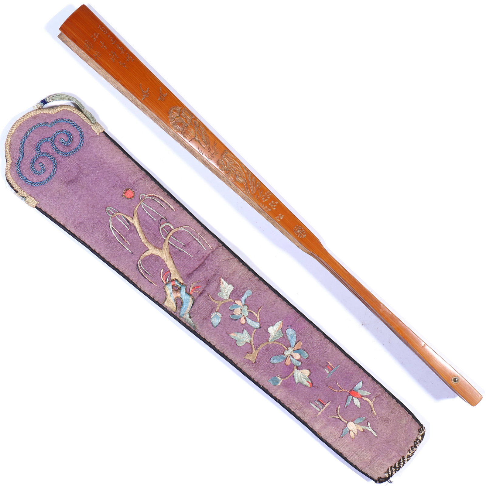 A Chinese Bamboo Fan With Silk Embroidered Case: L 31 cm