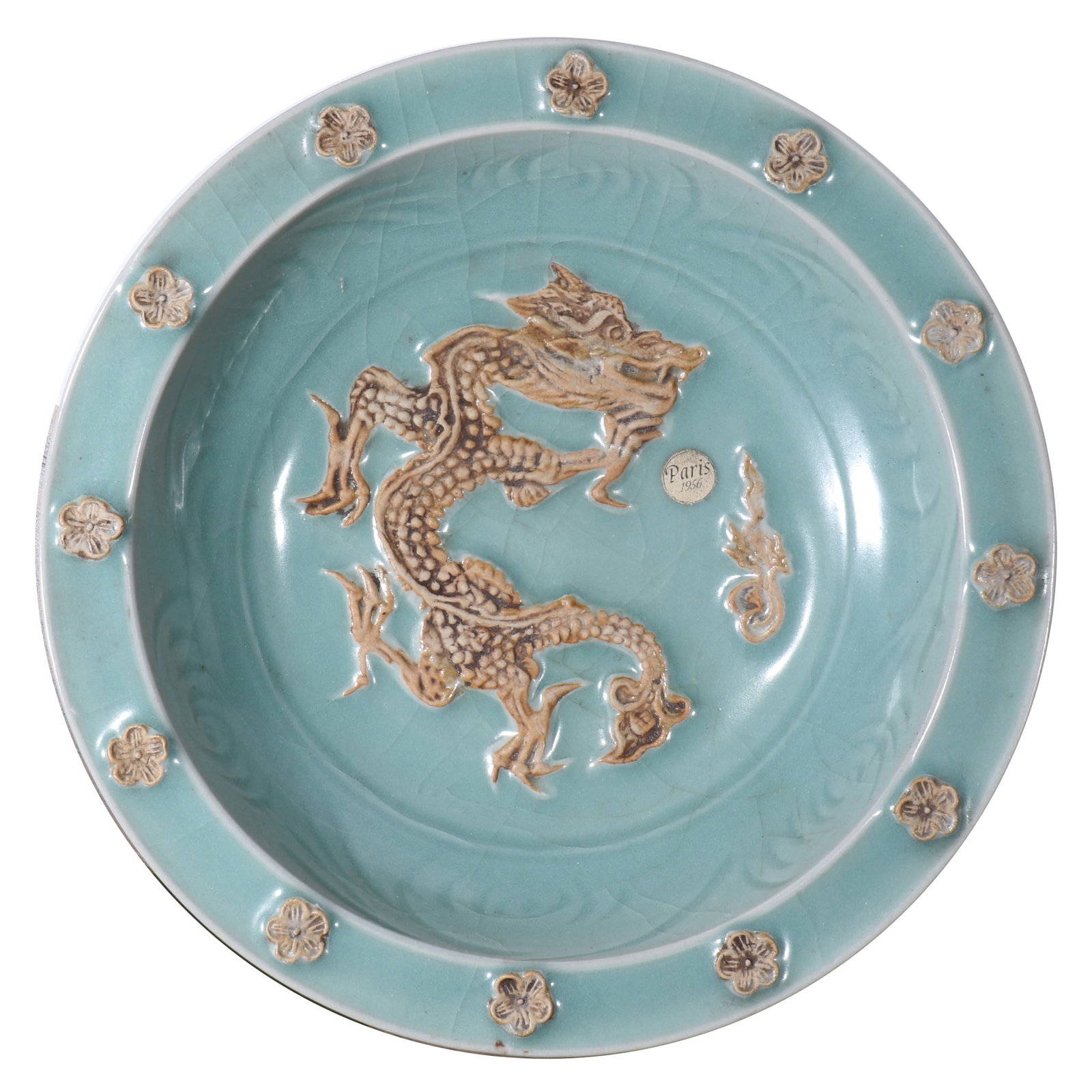 A Large Chinese Biscuit-Decorated Longquan Celadon 'Two Dragon' Porcelain Plate: D 27.5 cm