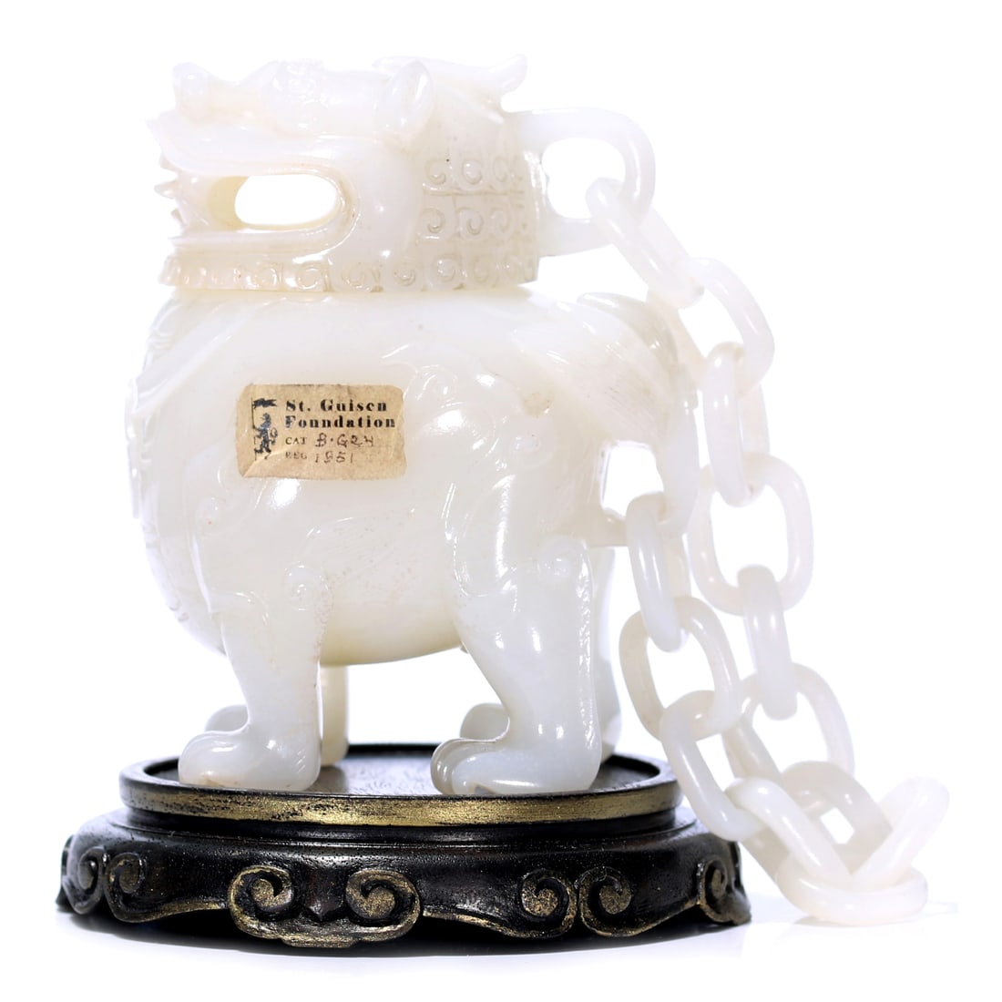 A Chinese White Jade Incense Burner In The Shape Of Mythical Beast Connected By Chain-Like Ornament: H 8.5 cm, height including accessories 10 cm.