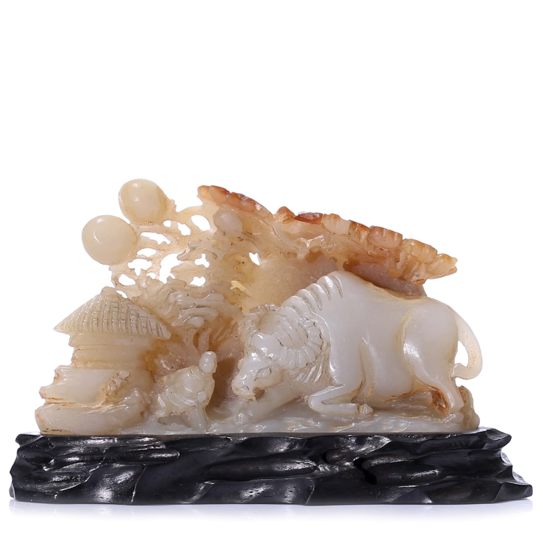 A Chinese White Jade Carved Ornament Statue With Stand: 73 x 28 x 43 mm, height including accessories 53 mm.