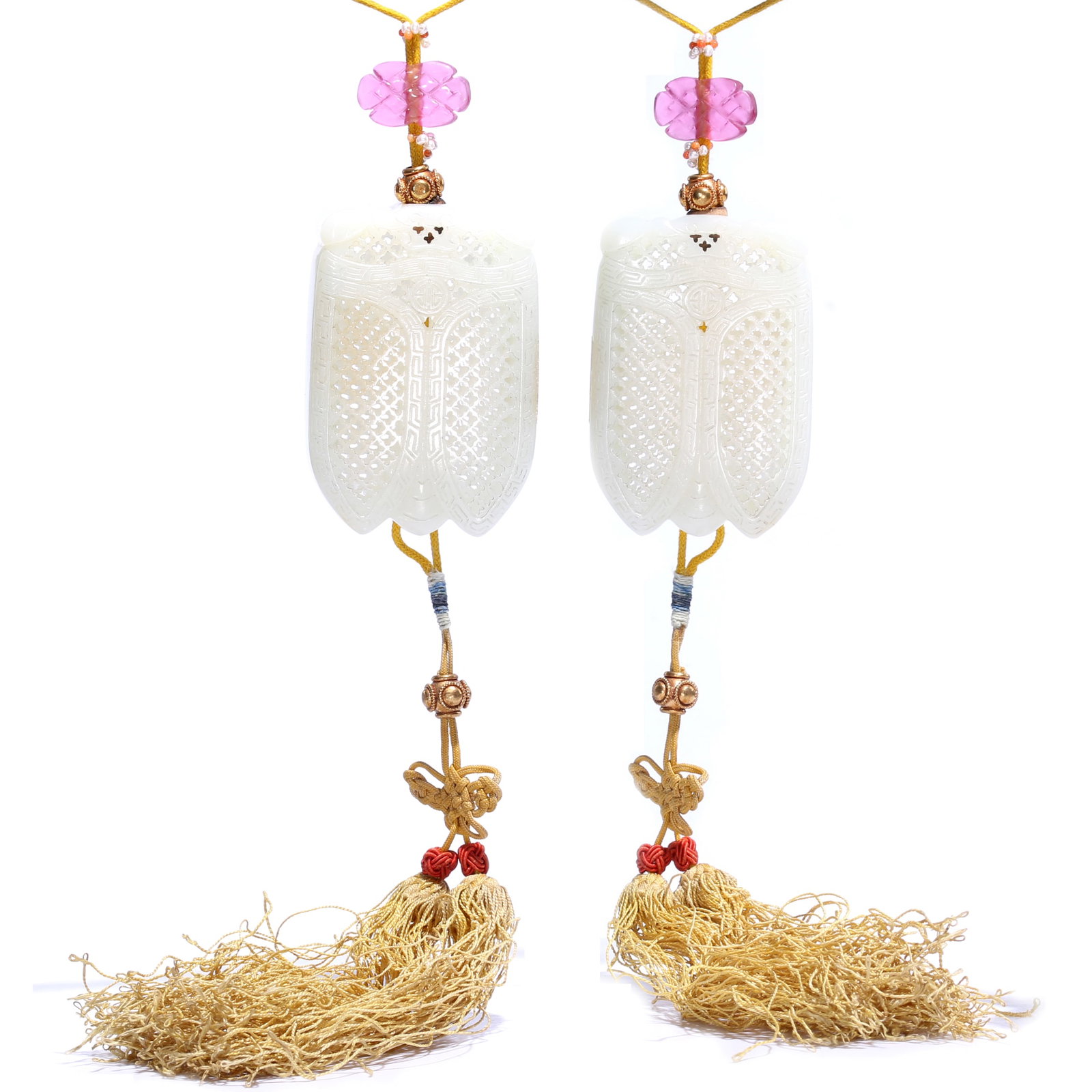A Chinese White Jade Carved Pendant With Silk Tassel: 6.5 x 4.5 cm, total length 37 cm