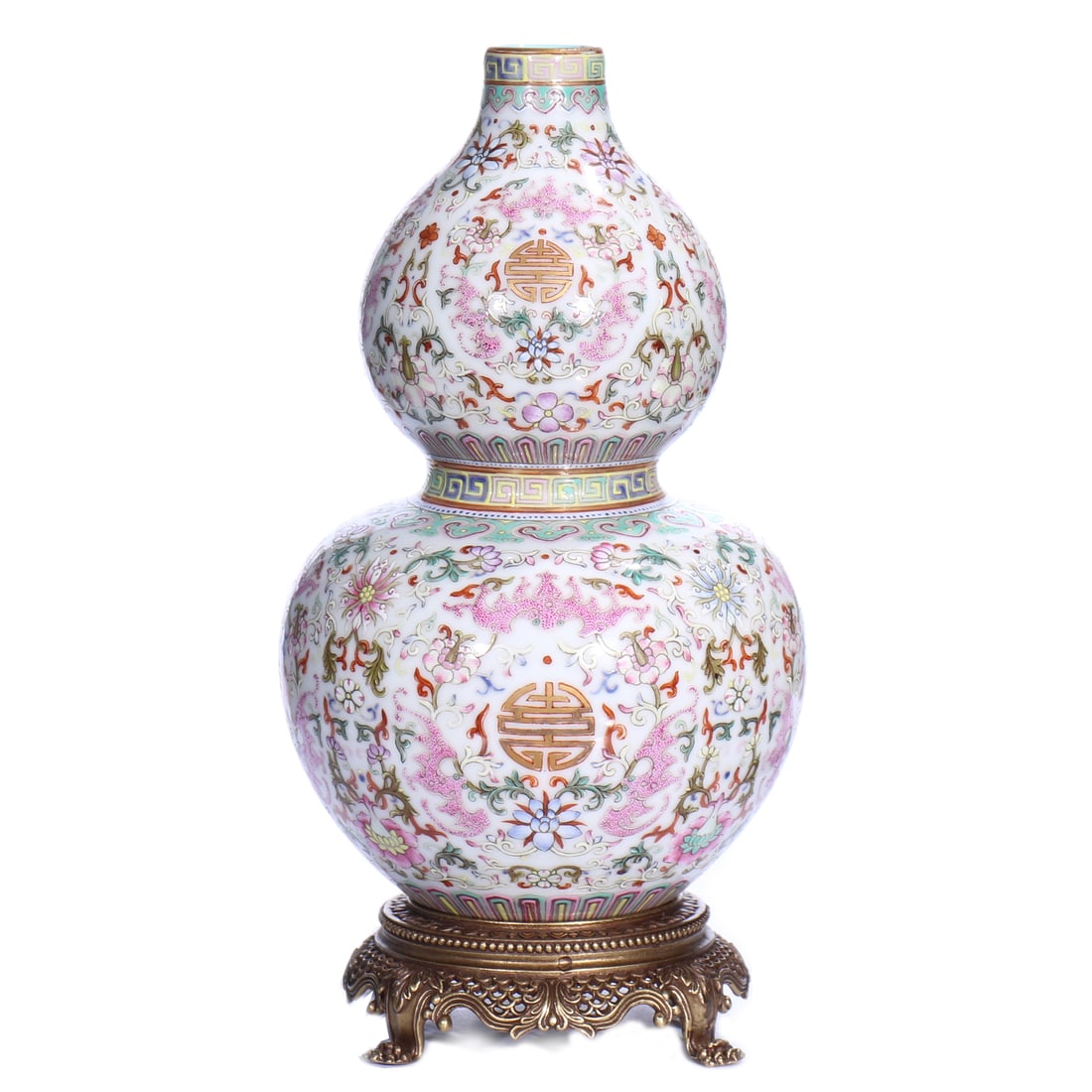 A Chinese Famille-Rose Porcelain Double Gourd Vase With Stand: H 20 cm, height including accessories 22.5 cm.