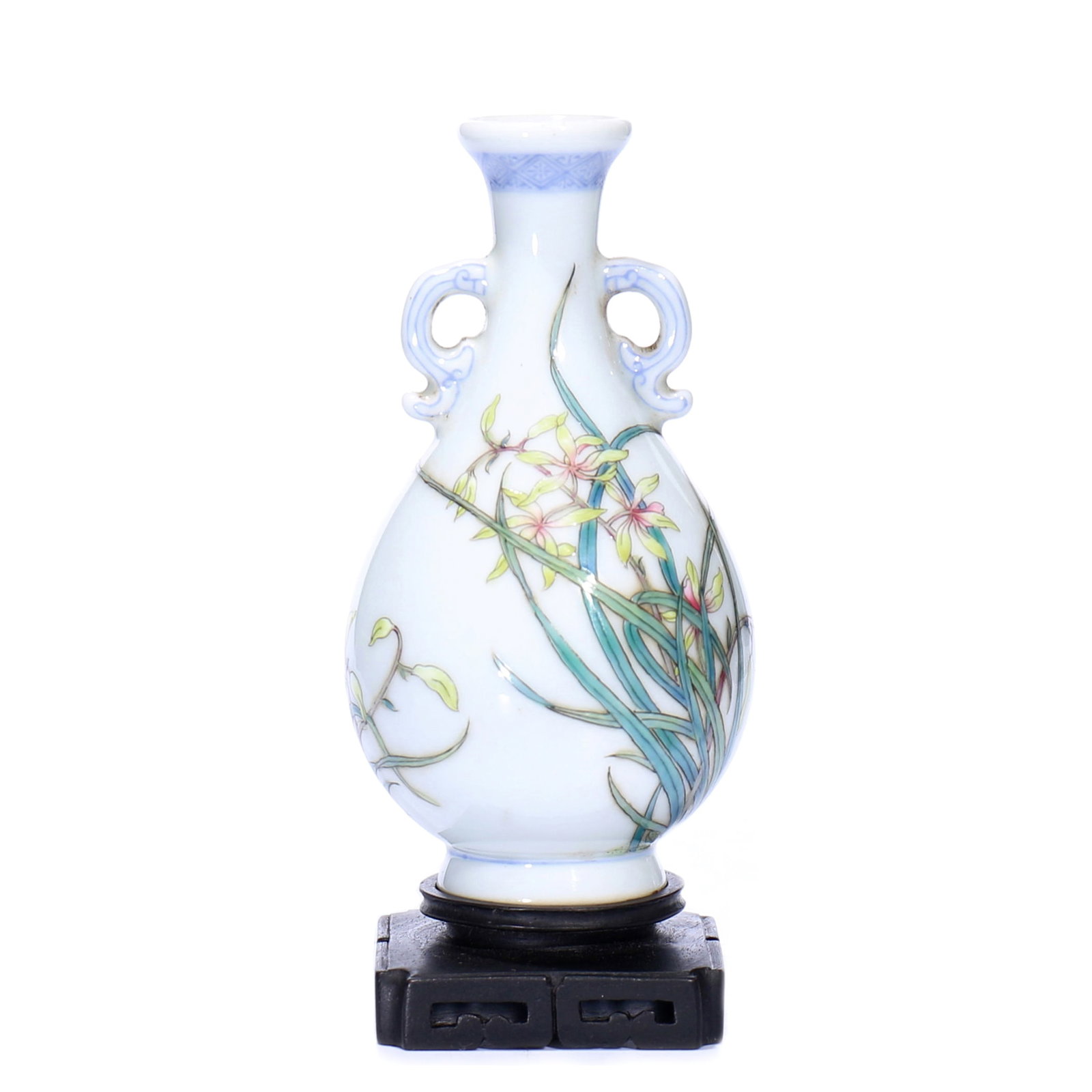 A Small Chinese Famille-Rose Porcelain Vase With Stand: H 9.5 cm, height including accessories 11 cm.