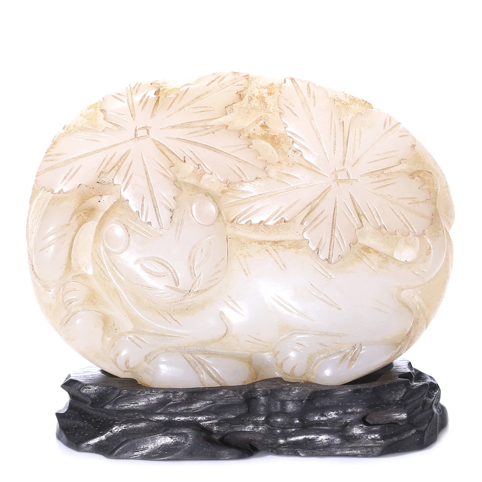 A Chinese White Jade Carved Ornament Figure With Stand: 70 x 55 mm, height including accessories 60 mm.